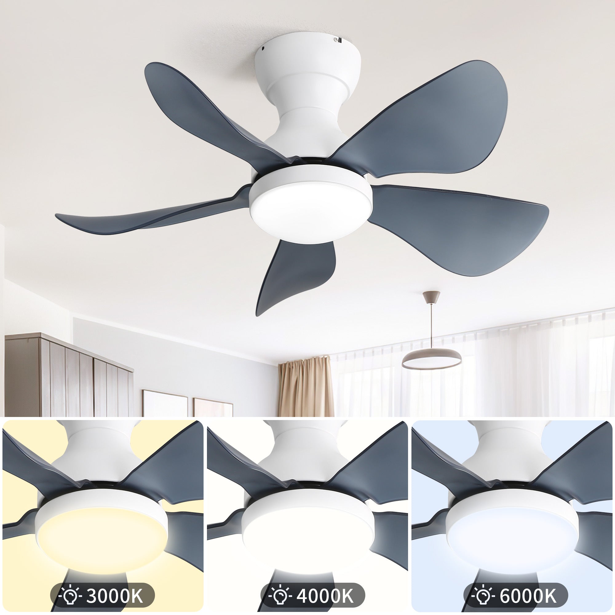 29 Inch Small Ceiling Fan with LED Dimmable Light - Flush Mount, 5 Reversible ABS Blades for Bedroom, Nursery & Office - Quiet, Energy Efficient Cooling Solution