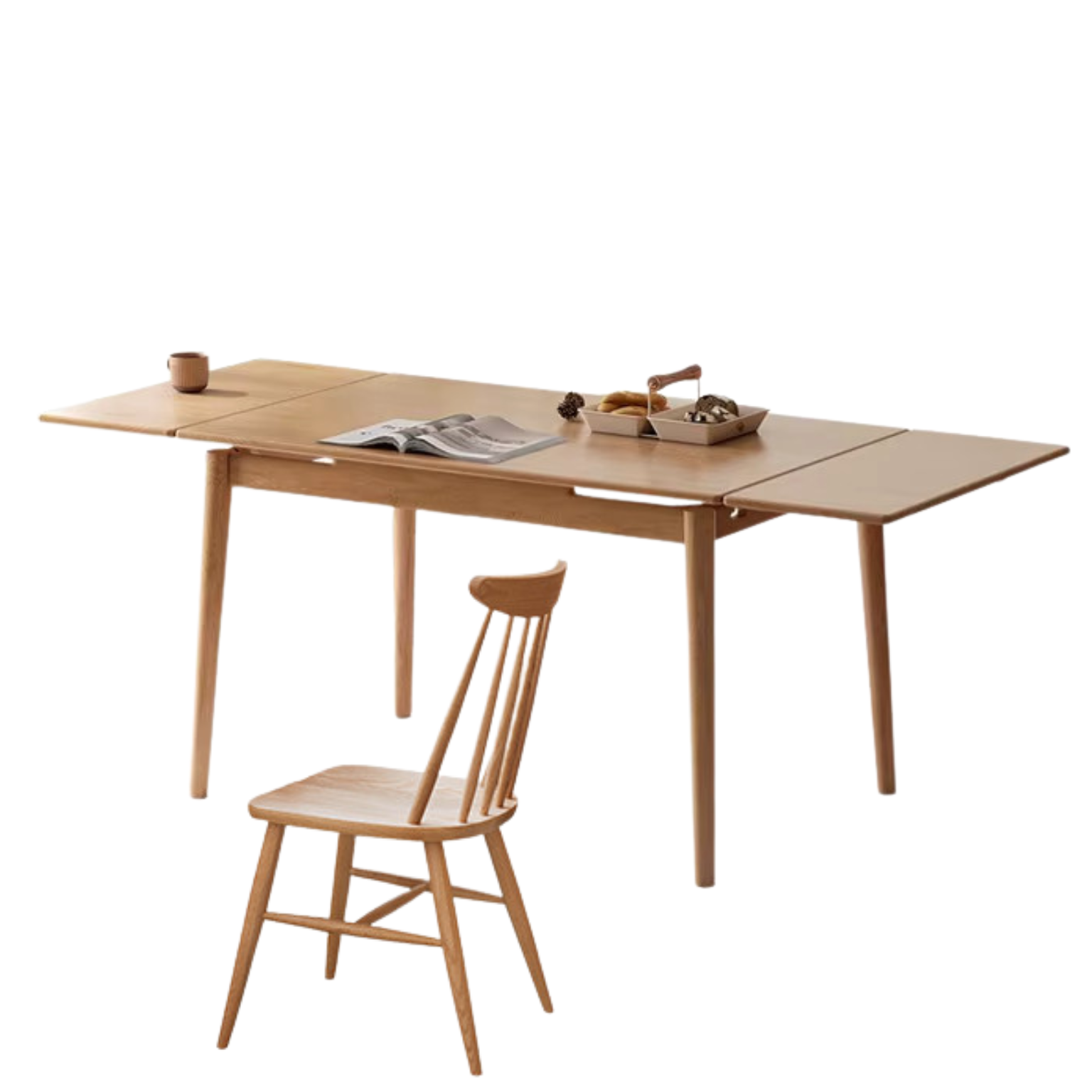 49.2-76.8x31.5x29.9 inch / 125-195x80x76 сm / Natural Wood Color / Telescopic dining table + 4 chairs-