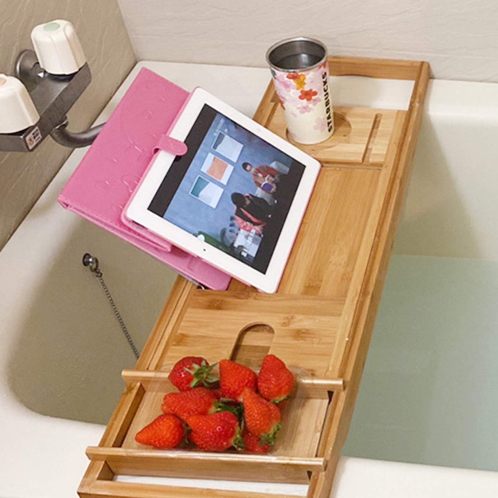 TBVECHI Bamboo Bathtub Tray with Tablet Holder - Retractable Bath Shelf for Spa Relaxation, Reading & Wine - Waterproof Bamboo Bathtub Caddy for Bathroom Storage & Organization