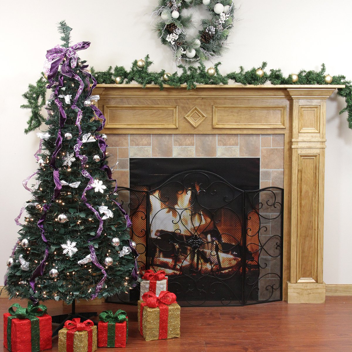 Northlight 31105059 6ft Pre-Lit Artificial Christmas Tree with Clear Lights - Silver & Purple Decorated Pop-Up Design | Perfect for Holiday Home Decor, Office Party & Festive Celebrations