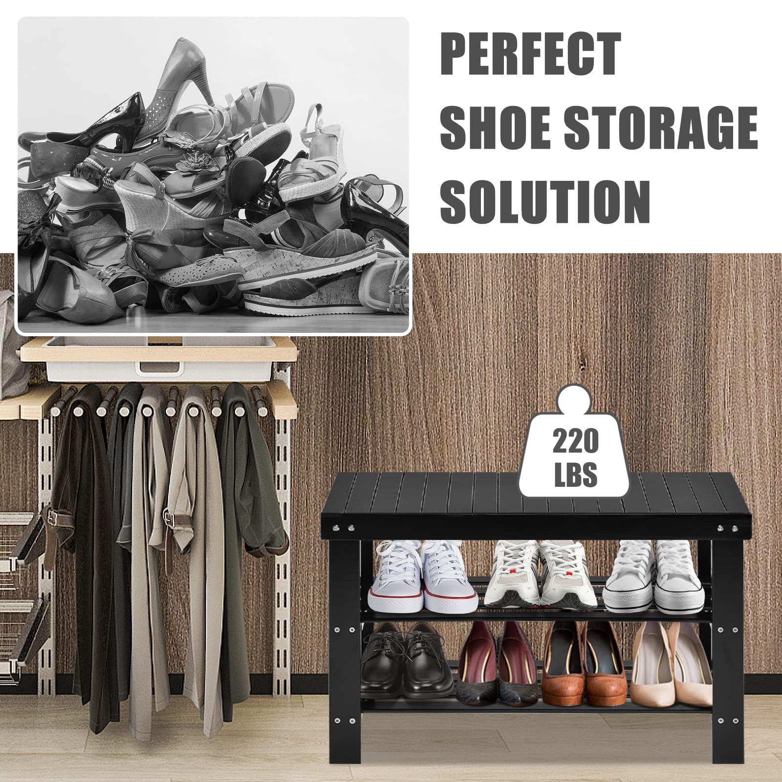 Giantex 3-Tier Bamboo Shoe Bench & Storage Rack - Holds 6 Pairs of Shoes - Entryway Organizer for Heels, Slippers - Perfect for Living Room, Bathroom, Closet & Mudroom Organization (Black)