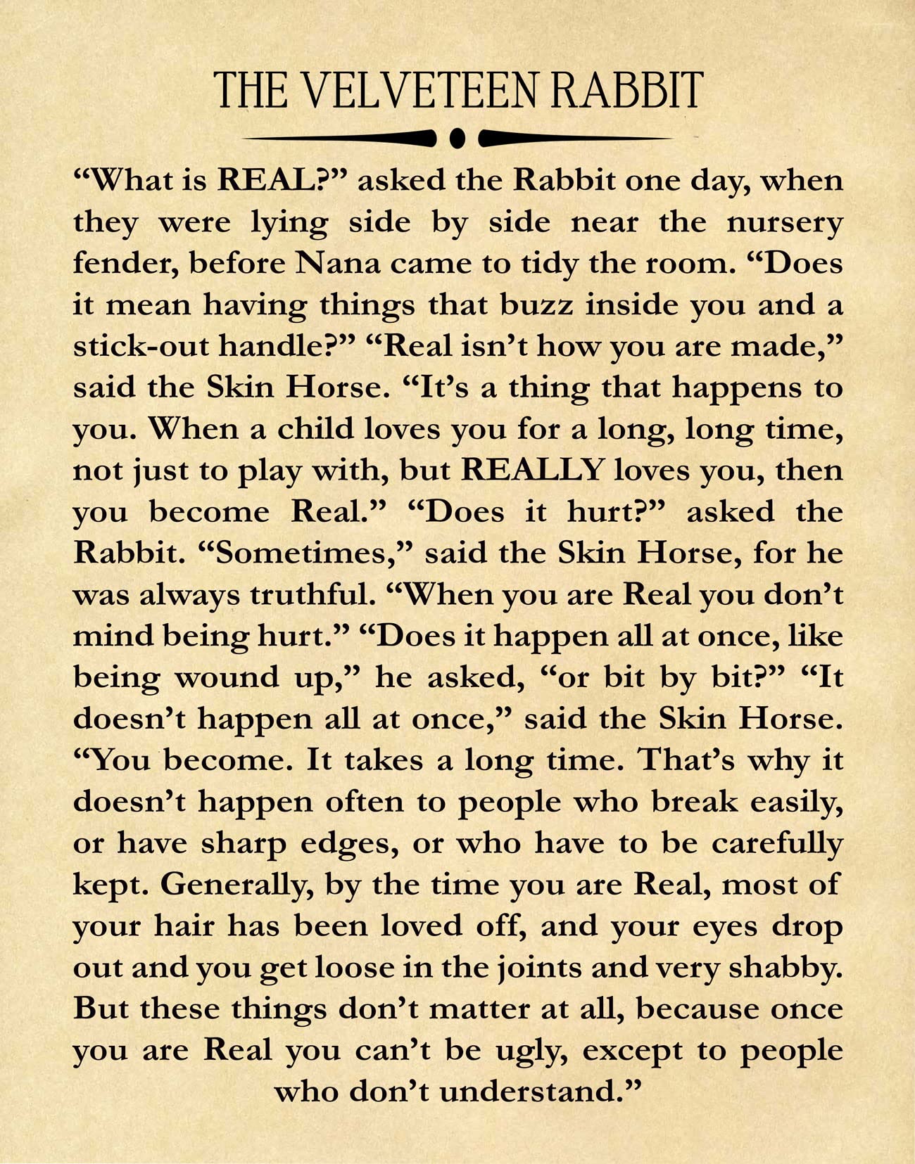 Velveteen Rabbit Book Wall Art - Margery Williams Large Literary Poster, Nursery Decor, Book Quote Print (5 x 7, Parchment) - Perfect for Kids' Rooms, Reading Nooks & Book Lover Gifts