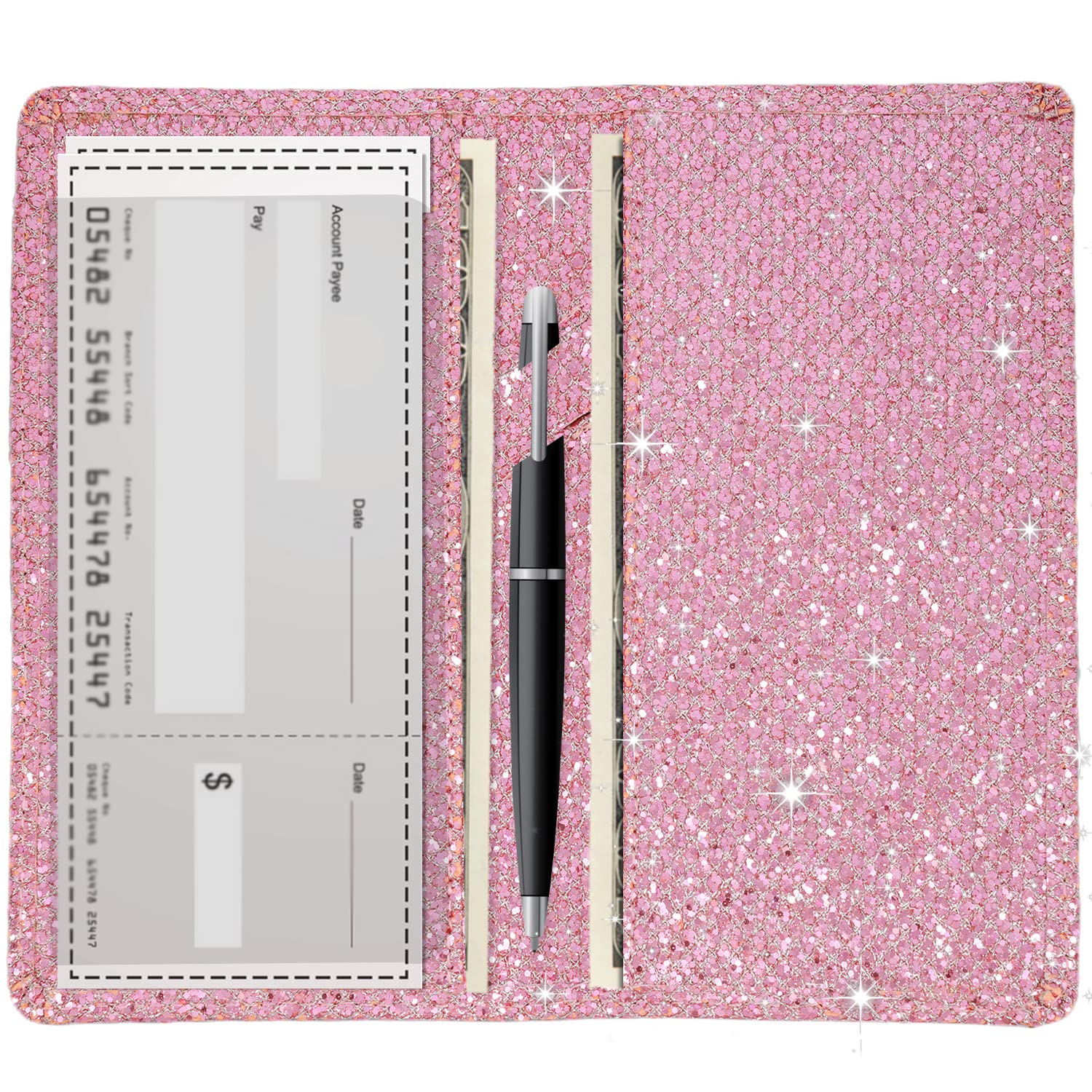 Sparkly Rhinestone Checkbook Cover for Women - Shiny Diamond Pattern RFID Blocking PU Leather Checkbook Holder with Pen Loop & Card Slots - Perfect for Organizing Personal Checks, Bills & Receipts (Pink)