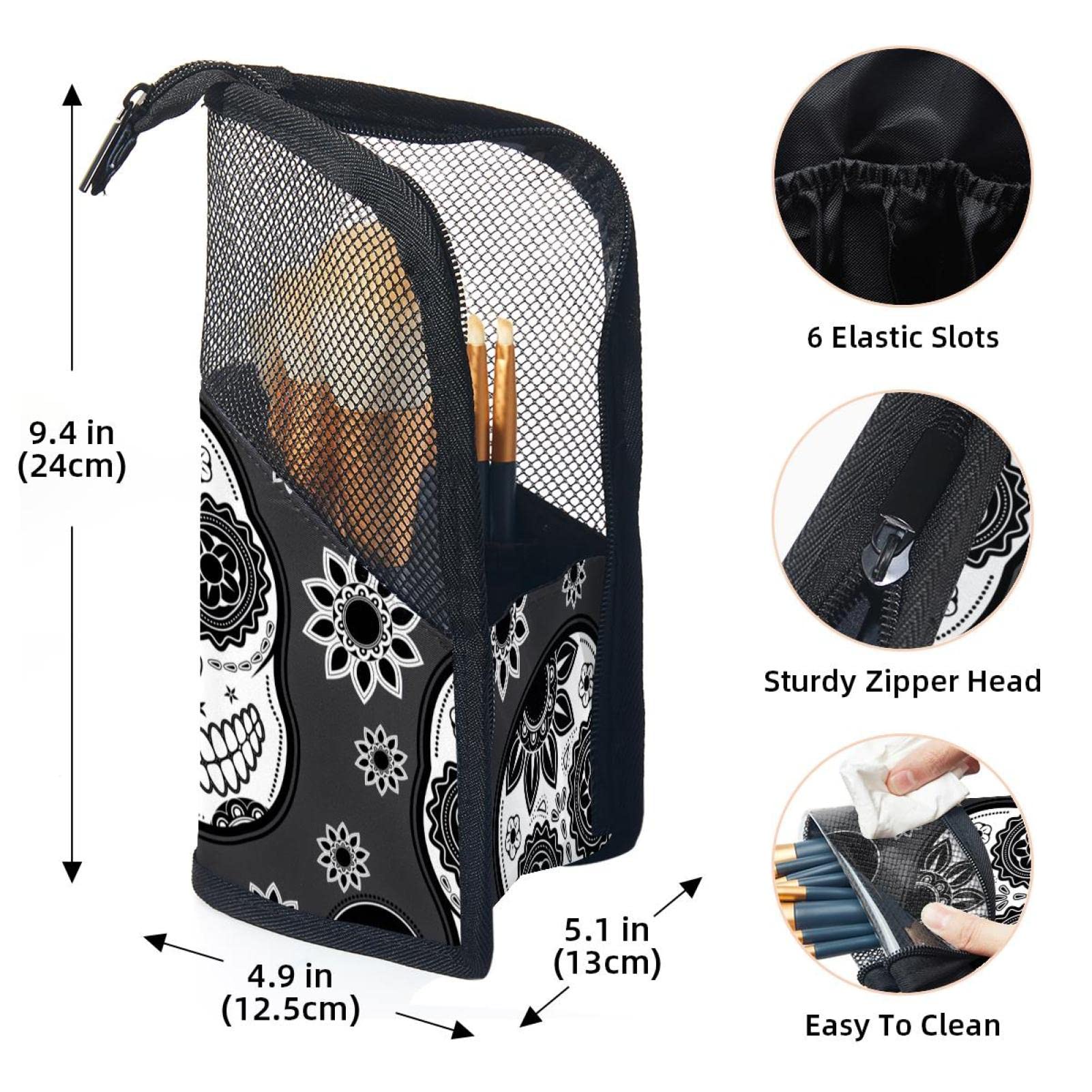 Premium 12-Piece Makeup Brush Organizer Bag with Skull Gray Floral Design - Portable Travel Makeup Brush Holder Case for Professional Artists & Home Use