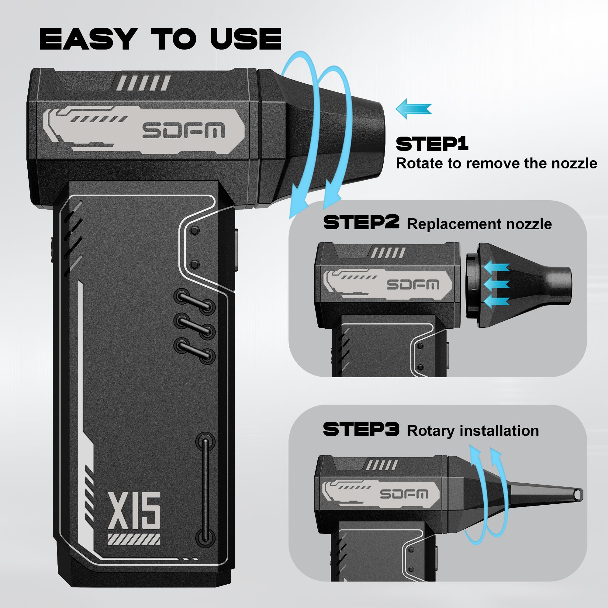 SDFM Electric Air Duster - 180,000 RPM High-Speed Compressed Air Blower with Brushless Motor, 3-Speed Adjustable - Perfect for Keyboard Cleaning, PC Maintenance, Car Detailing, Air Bed Inflation & Home Dusting (Black, Model X15) | Ideal for Electronics, Office Equipment & Household Cleaning Tasks