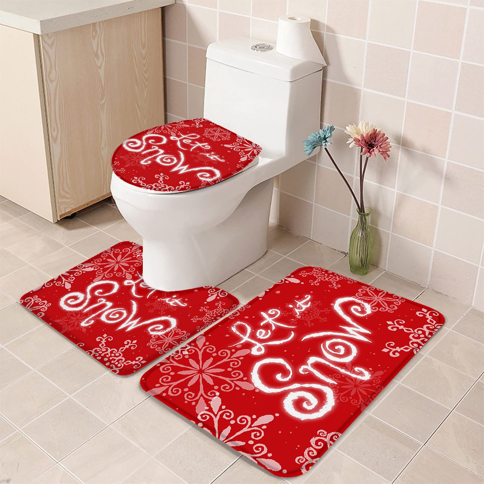 3-Piece Non-Slip Bathroom Rug Set - Snowflake Texture Absorbent Shower Mats with Contour Mat & Toilet Cover, Soft Christmas Red Bath Mat for Holiday Decor & Cozy Bathroom Safety