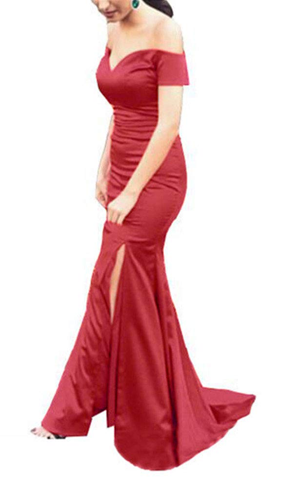 Elegant Off-Shoulder Satin Mermaid Evening Dress for Women - Long Formal Gown with High Slit for Prom, Wedding, Gala & Black Tie Events | Perfect for Red Carpet, Cocktail Parties & Special Occasions