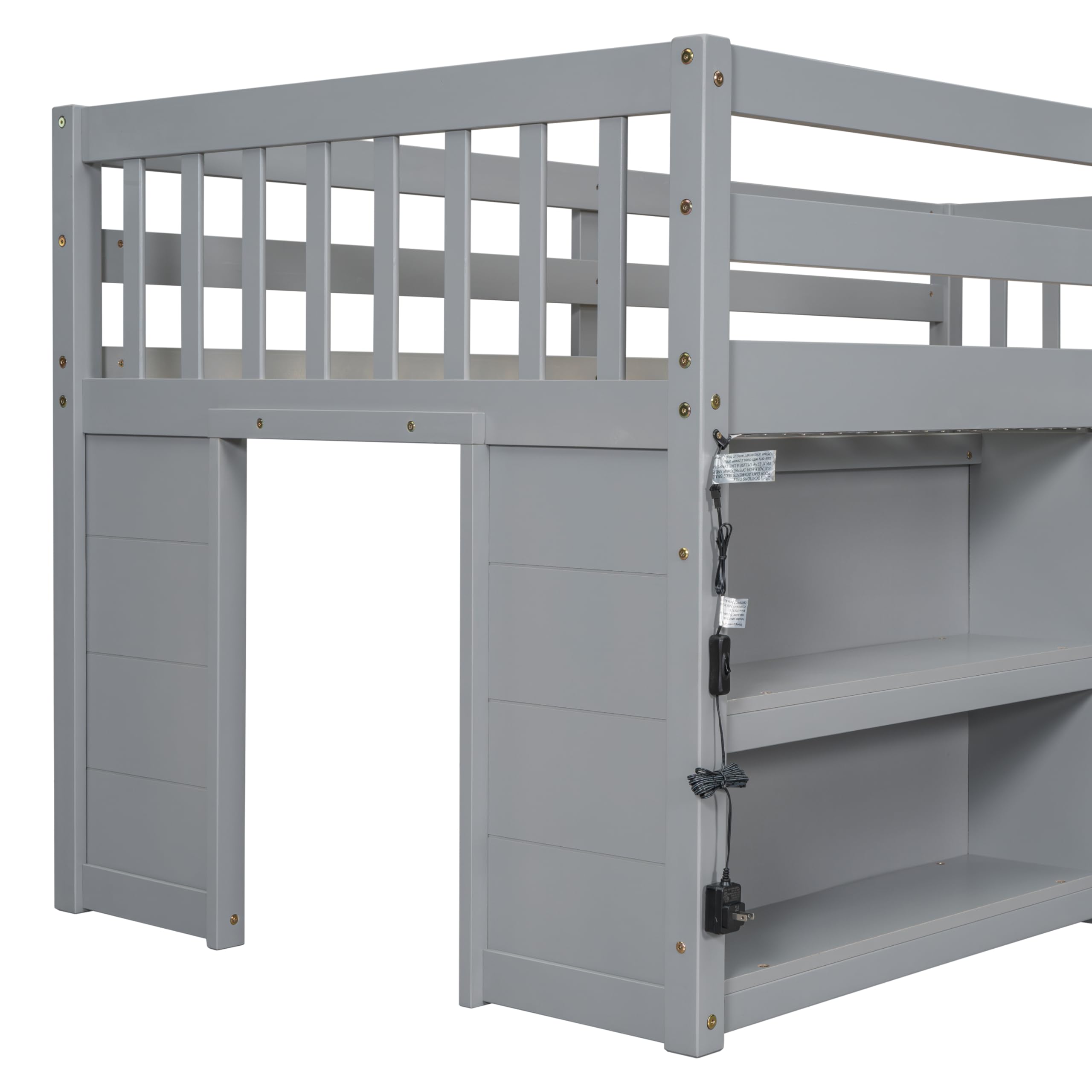 LED Twin Size Low Loft Bed with Storage Shelves & Built-in Lights - Space-Saving Kids Bed Frame for Boys & Girls, Grey - Perfect for Small Bedrooms, Dorm Rooms & Kids' Sleepovers
