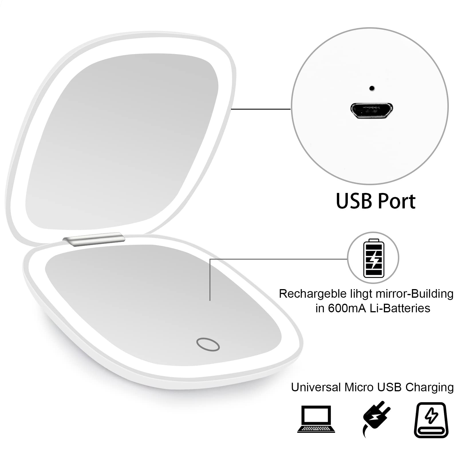 Deweisn Lighted Travel Makeup Mirror - 1X/10X Magnifying, USB Charging - Perfect for Handbag & Travel
