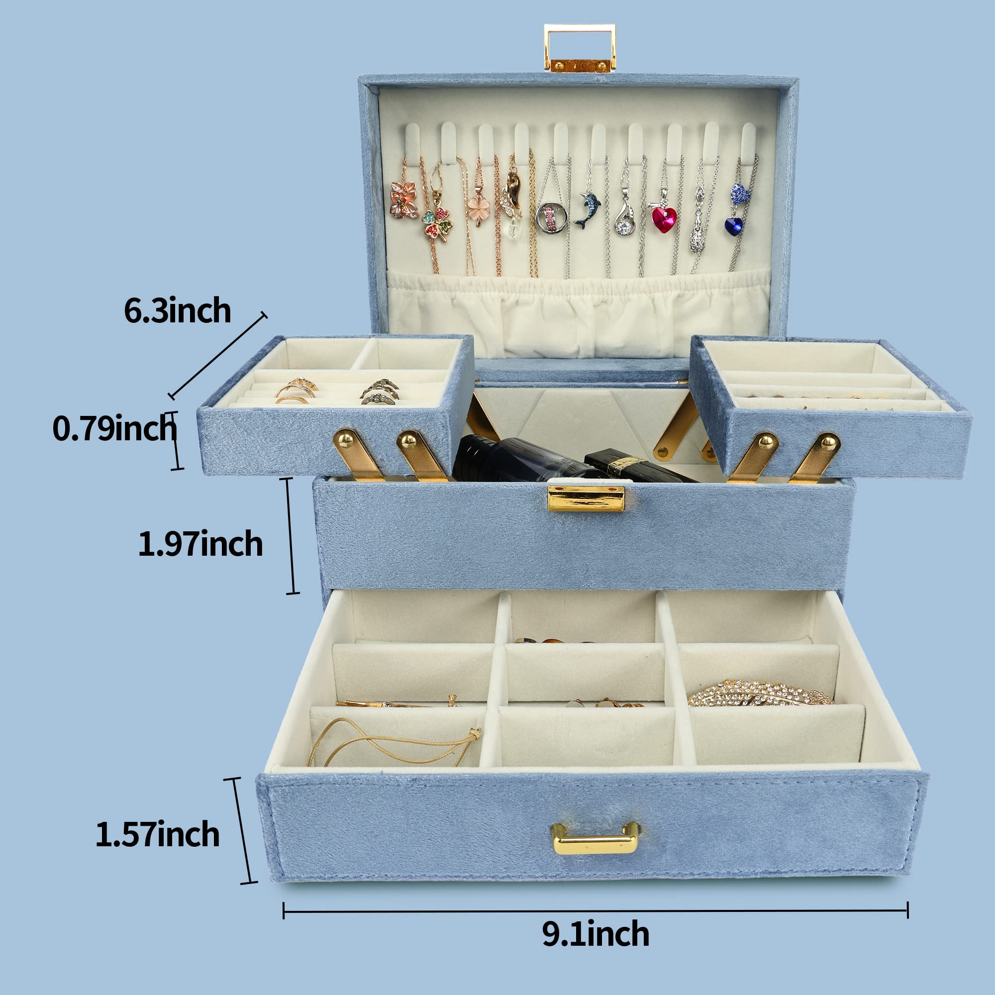 Dajasan Velvet Jewelry Organizer Box for Women - Elegant Jewelry Storage Case for Rings, Necklaces, Bracelets, Earrings & Watches (Blue) - Perfect for Bedroom Vanity, Travel & Gift Giving