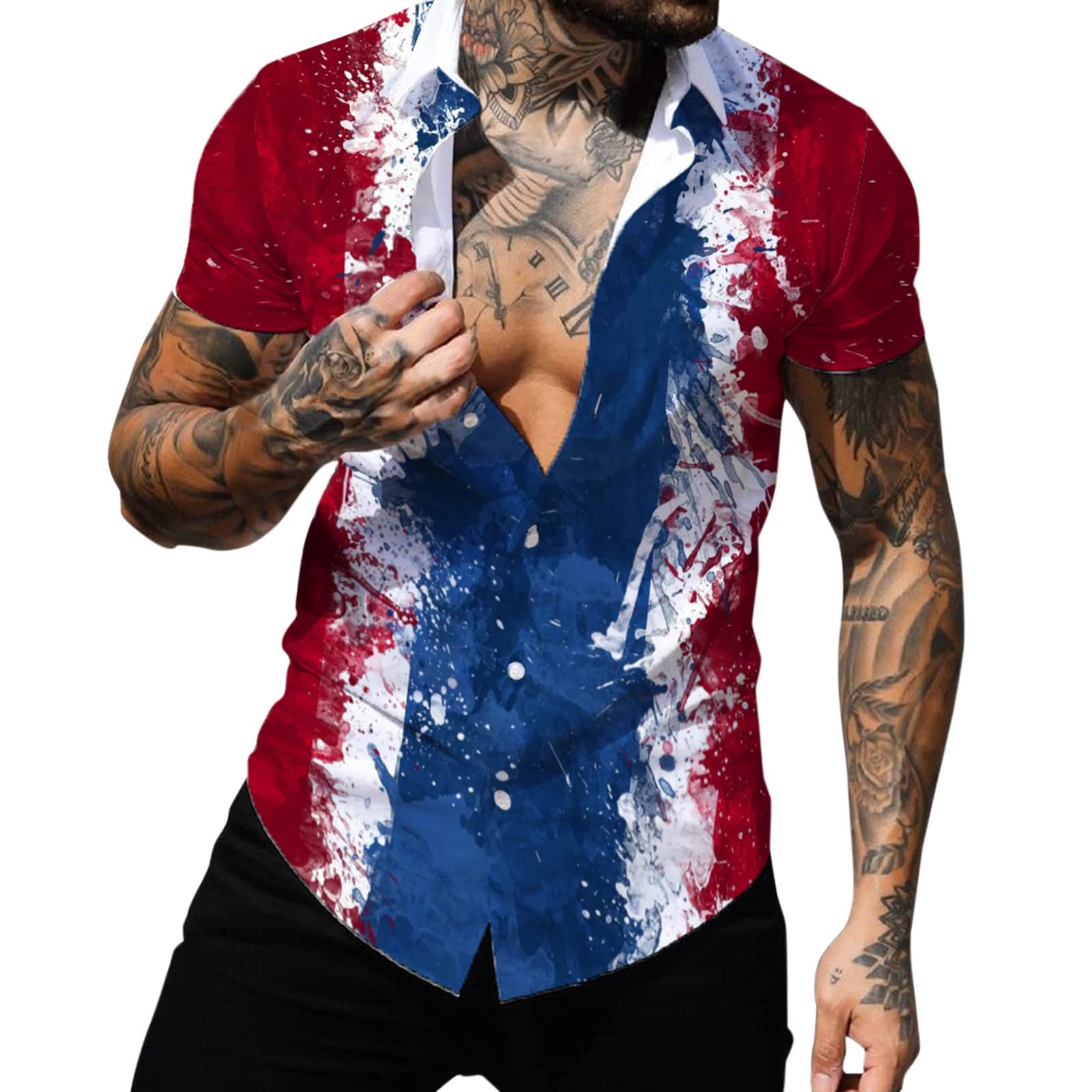Men's Casual Short Sleeve Dress Shirt - American Flag Print, Turn Down Collar, Breathable Summer Shirt for Independence Day, Office Wear & Outdoor Activities