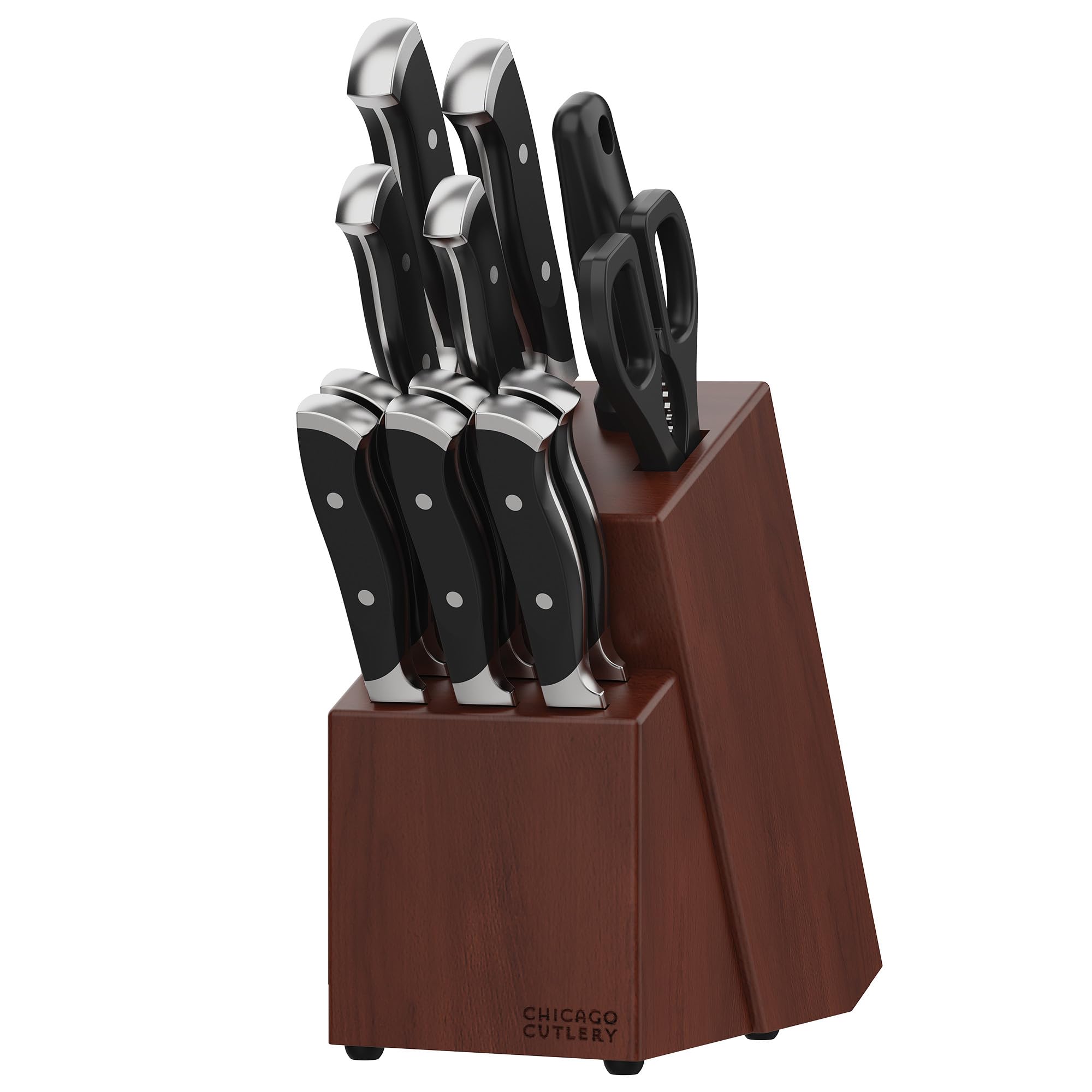 Chicago Cutlery Armitage 13-Piece Professional Knife Block Set - Stainless Steel Kitchen Knives with Steak Knives, Wooden Block & Ergonomic Black Handles - Perfect for Home Chefs, Cooking Enthusiasts & Professional Kitchens