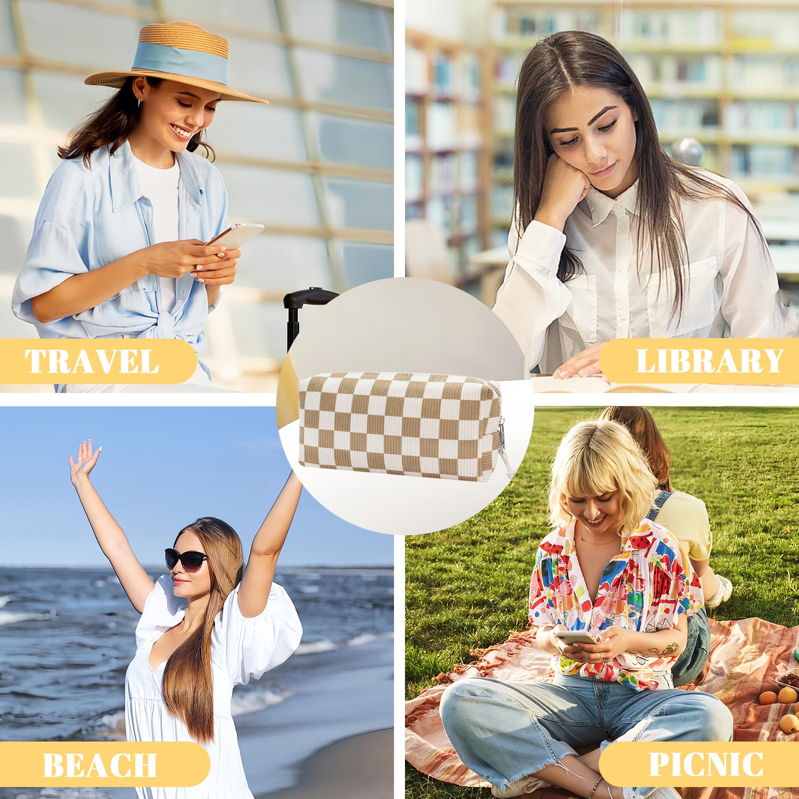 Stylish Corduroy Makeup Bag for Women - Travel Cosmetic & Toiletry Organizer with Checkerboard Design | Perfect for Brushes Storage, Gym Essentials, and Weekend Getaways