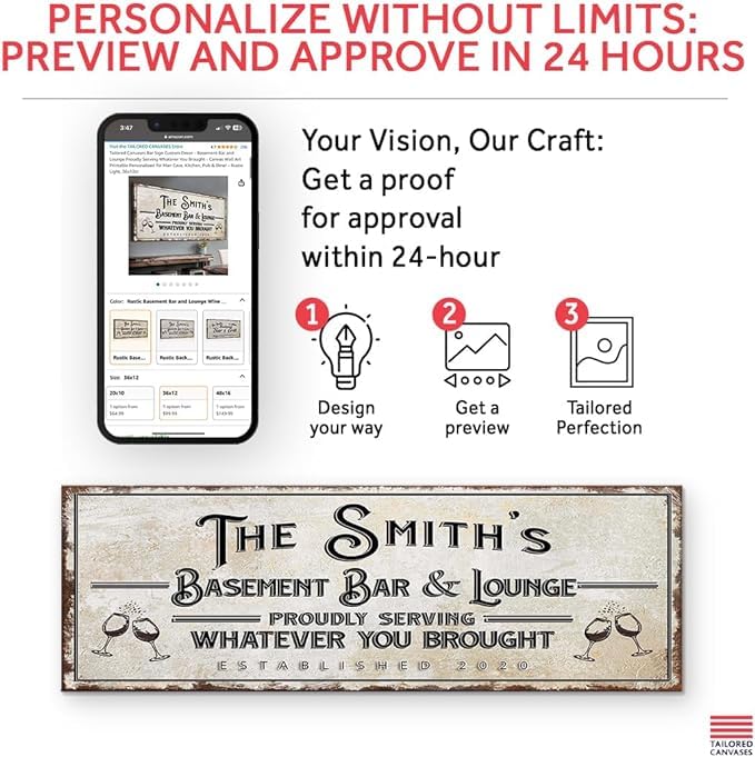 Custom Bar Sign Canvas Wall Art - Personalized Basement Bar & Lounge Decor - Rustic 48x16in Printable Sign for Man Cave, Kitchen, Pub & Diner - Perfect for Home Bars, Game Rooms & Entertaining Guests