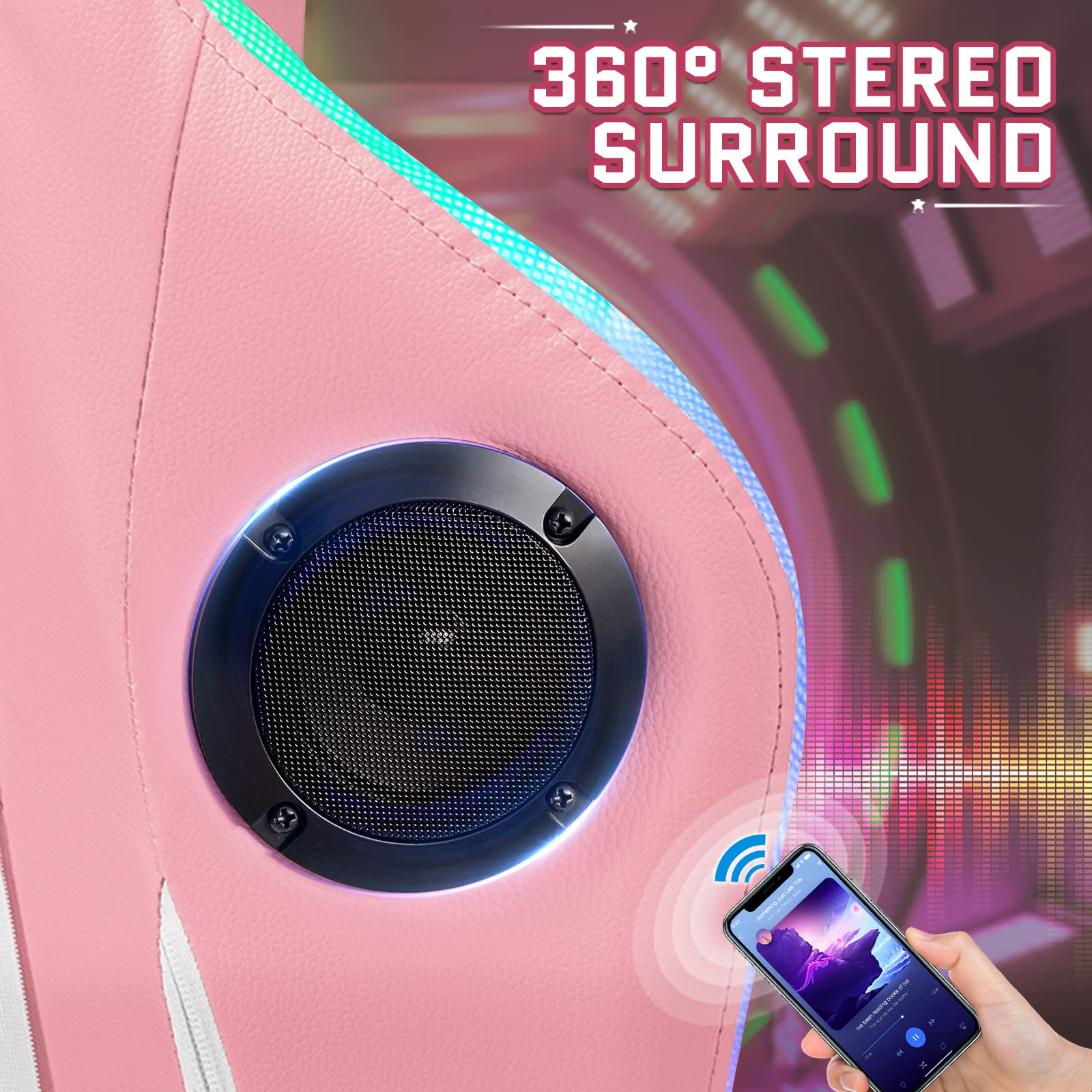 Pink Ergonomic Gaming Chair with Bluetooth Speakers, RGB LED Lights, Massage & Footrest - High Back Lumbar Support for PC, Video Game & Office Use - Perfect for Streaming, Esports & Home Gaming Setup