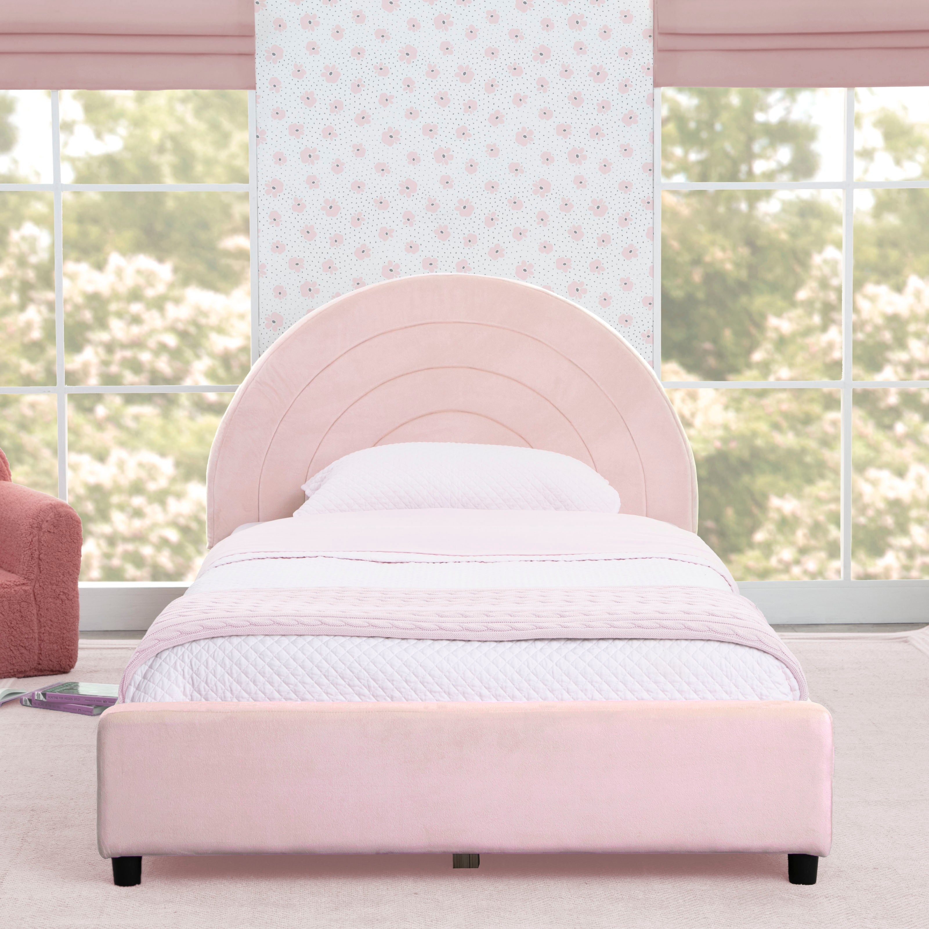 Upholstered Twin Bed with Round Headboard - Soft Fabric Frame for Kids & Teens - Perfect for Bedrooms, Dorms & Guest Rooms