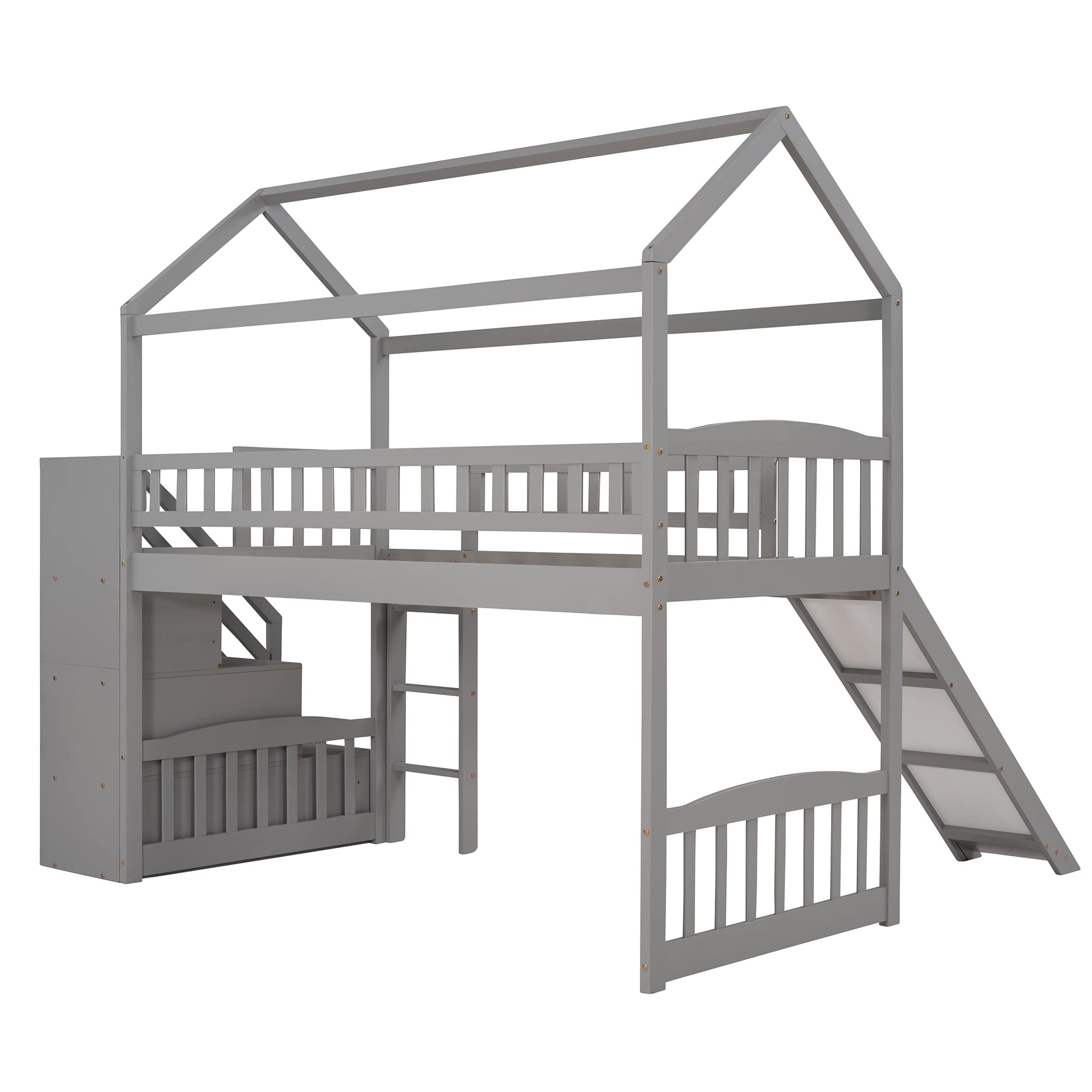 **Wooden Loft Bed with Stairway & Storage Drawers - Twin Size Kids Playhouse Loft Bed with Slide (Grey) - Perfect for Small Bedrooms, Playrooms & Kids' Sleepovers**