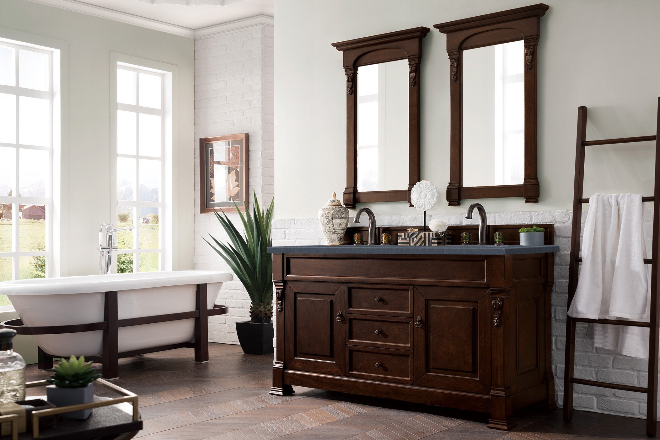 Brookfield 60-Inch Double Vanity with Burnished Mahogany Base & 3CM Charcoal Soapstone Quartz Top - Perfect for Master Bathroom Renovation