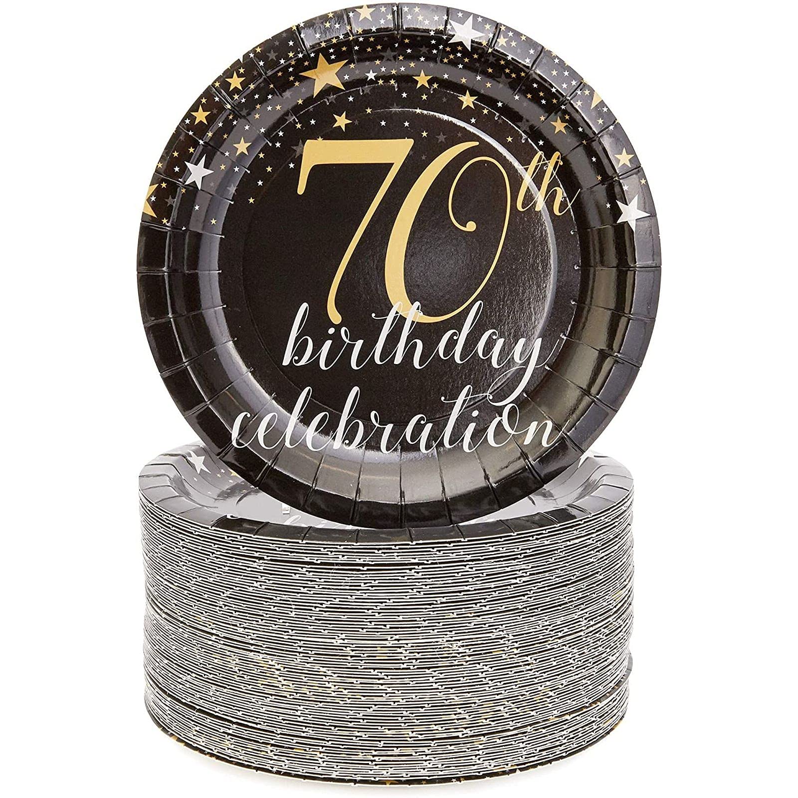 BLUE PANDA 80-Count 70th Birthday Party Plates - 7 Inch Disposable Paper Plates for Anniversary Celebration, Black Dinnerware - Perfect for Birthday Parties, Retirement Celebrations & Milestone Events