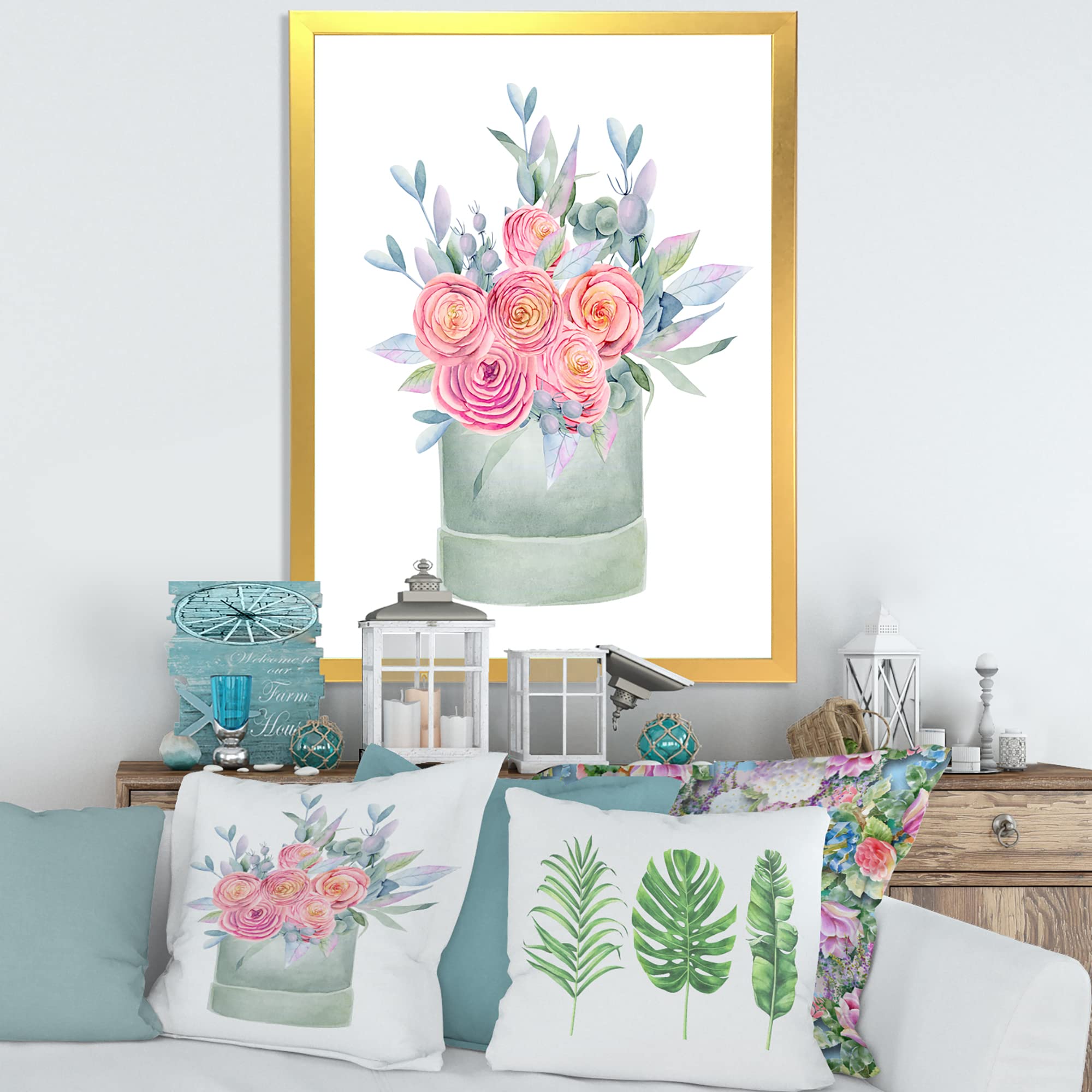 Farmhouse Framed Wall Art with Pink Roses - DesignQ Elegant Gift Box for Home Decor, Living Room, Bedroom & Wedding