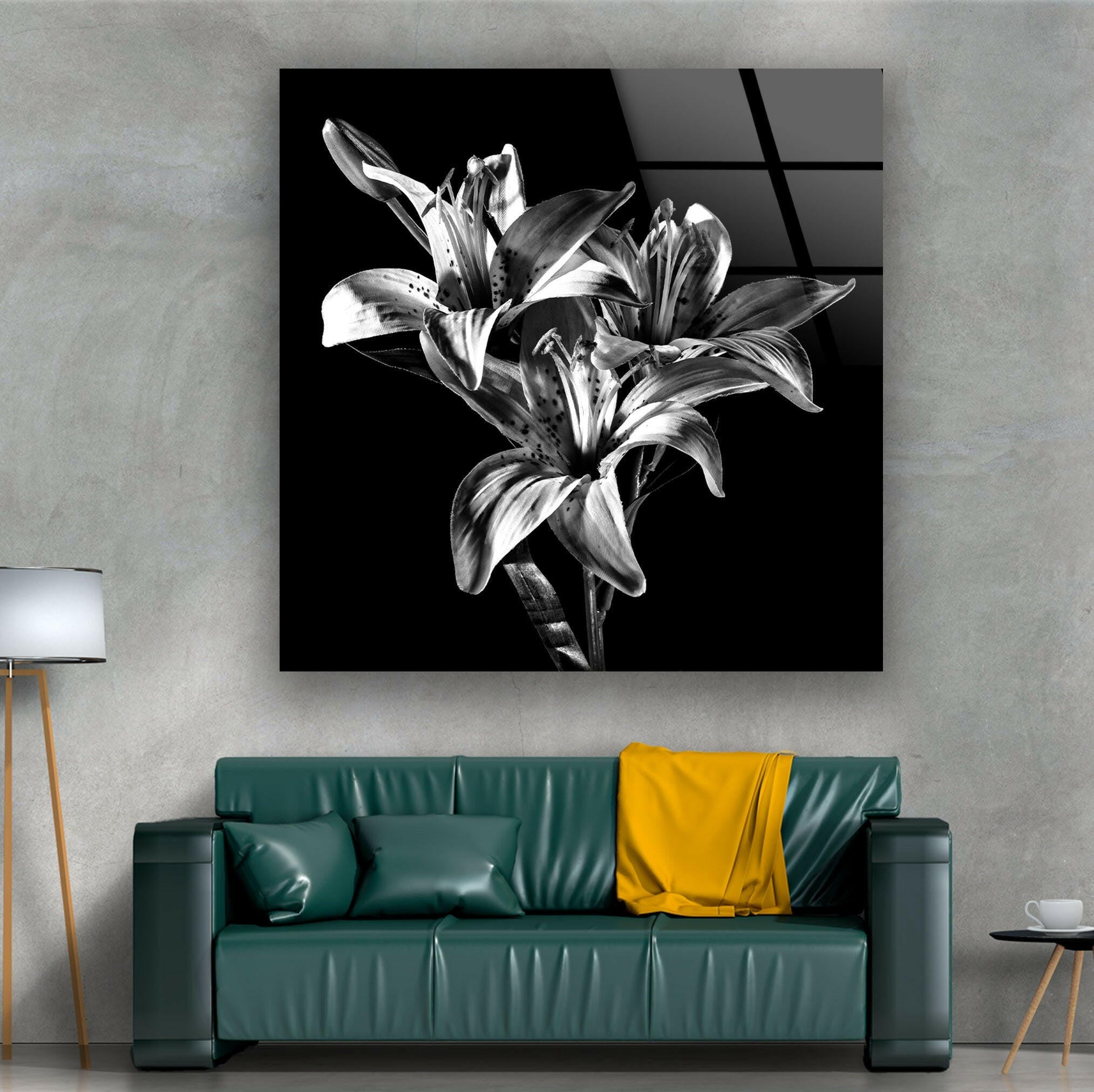 Black X-Ray Lily Flower Glass Wall Art - Elegant Home Decor for Living Room, Bedroom & Office - Perfect Gift for Housewarming, Wedding & Birthday
