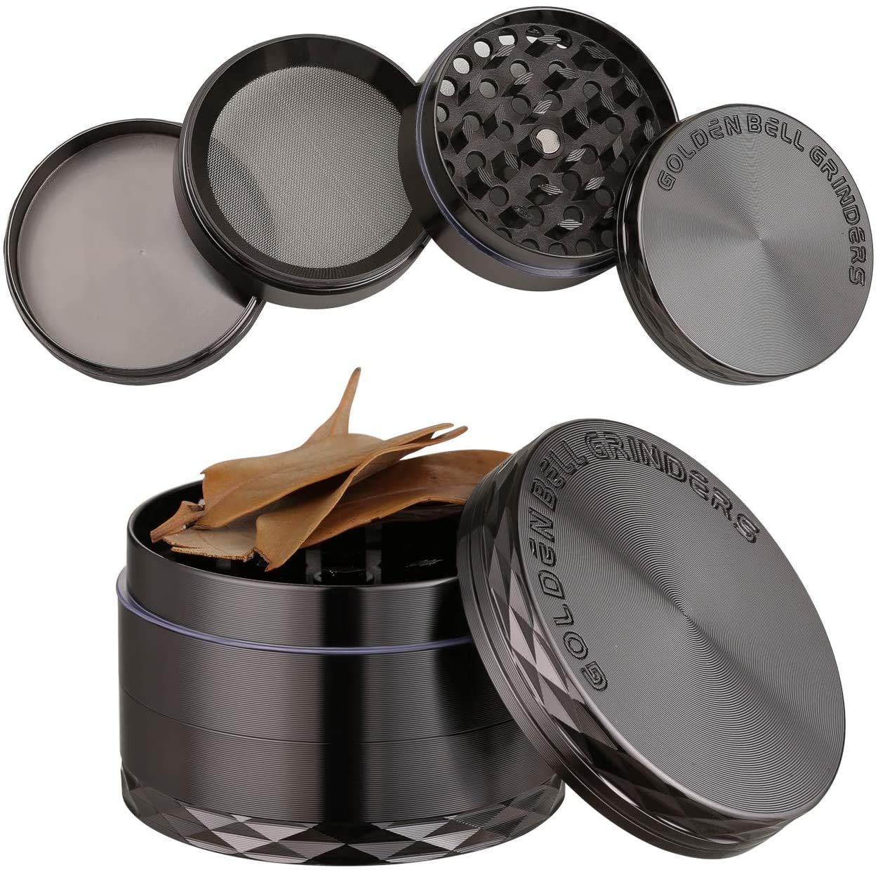 Premium LIHAO 50mm 4-Layer Metal Spice Grinder - Durable Zinc Allay Mill for Herbs, Pepper & Salt (Black Nickel) - Perfect for Kitchen, Camping & Travel Use
