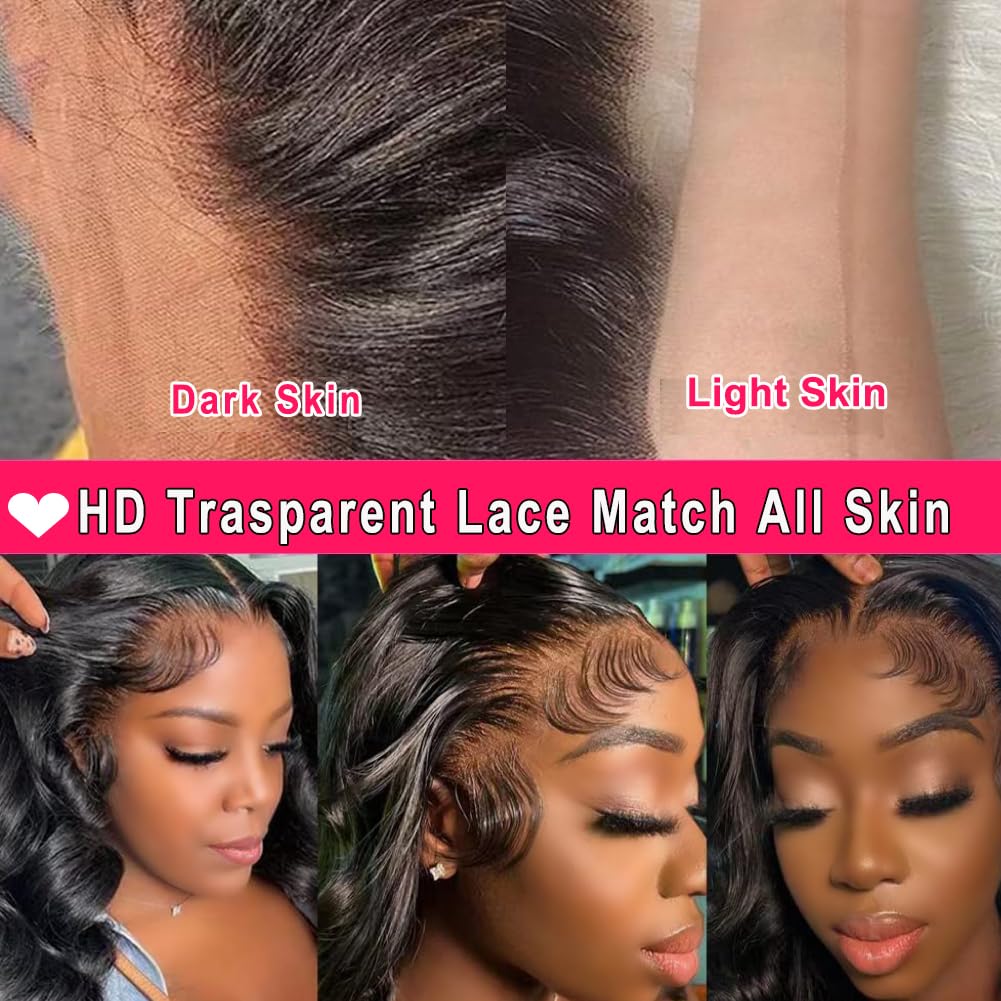 20 Inch Brazilian Human Hair Lace Front Wig - Body Wave 13x6 HD Lace Frontal with Pre-Plucked Hairline & Bleached Knots - 180% Density Natural Black Women Wig for Daily Wear & Special Occasions