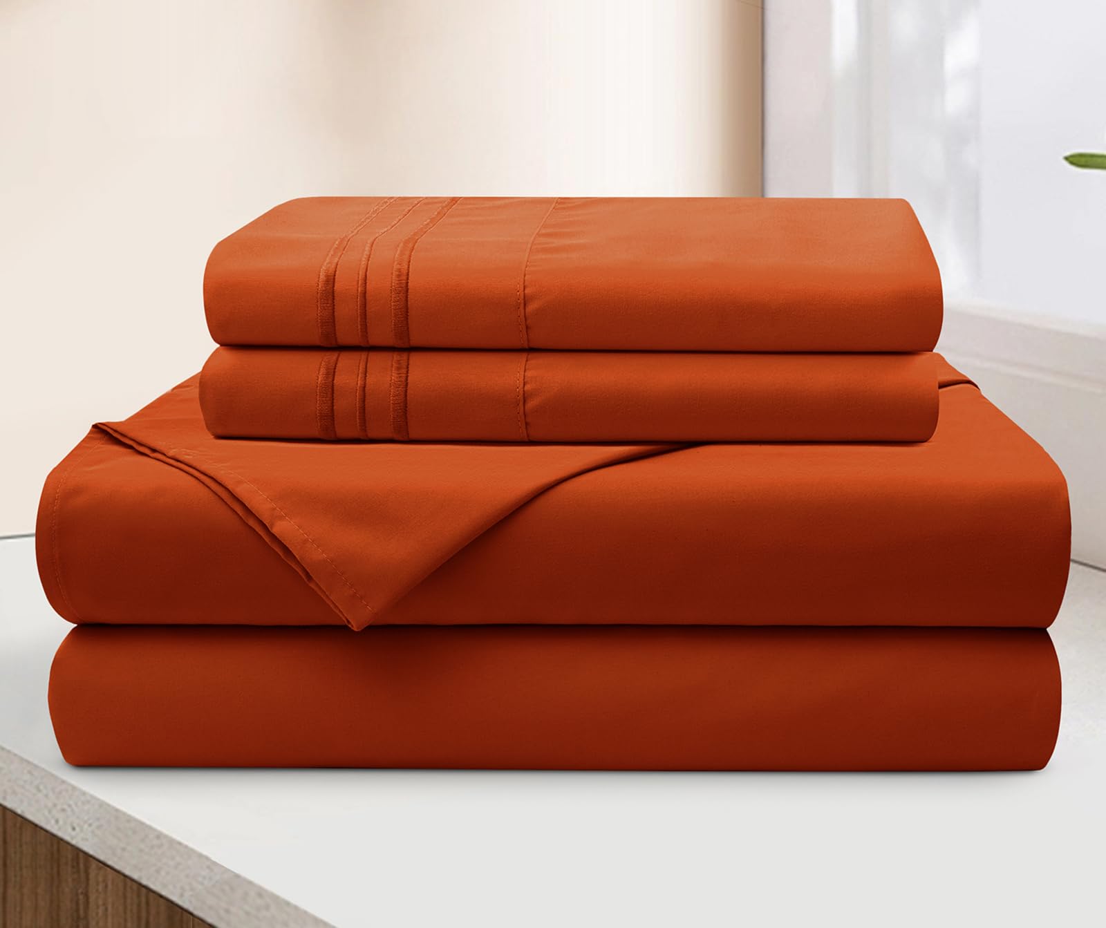 SiinvdaBZX Extra Deep Pocket Full Sheets Set - 4 Piece Soft 1800 Thread Count Fitted Sheet with Side Pocket - Fits Mattress Up to 24 Inches Thick - Burnt Orange Deep Pocket Sheets for Air Mattress - Perfect for Guest Beds, Dorm Rooms & Camping Trips