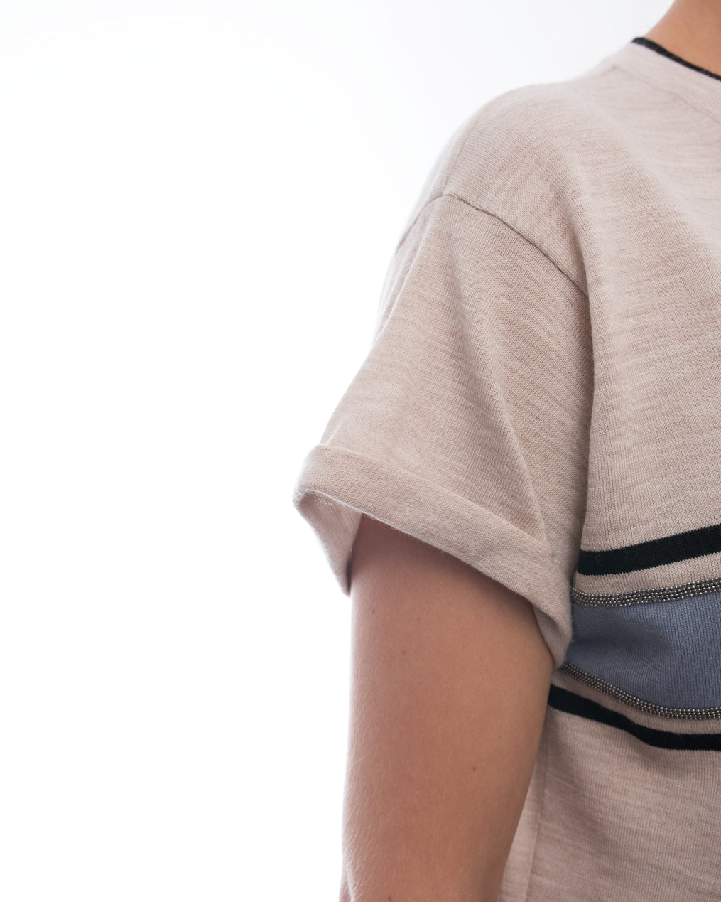 Brunello Cucinelli Oatmeal Blue Striped Short Sleeve Sweater for Men - Casual Summer Knitwear for Office & Weekend Outings
