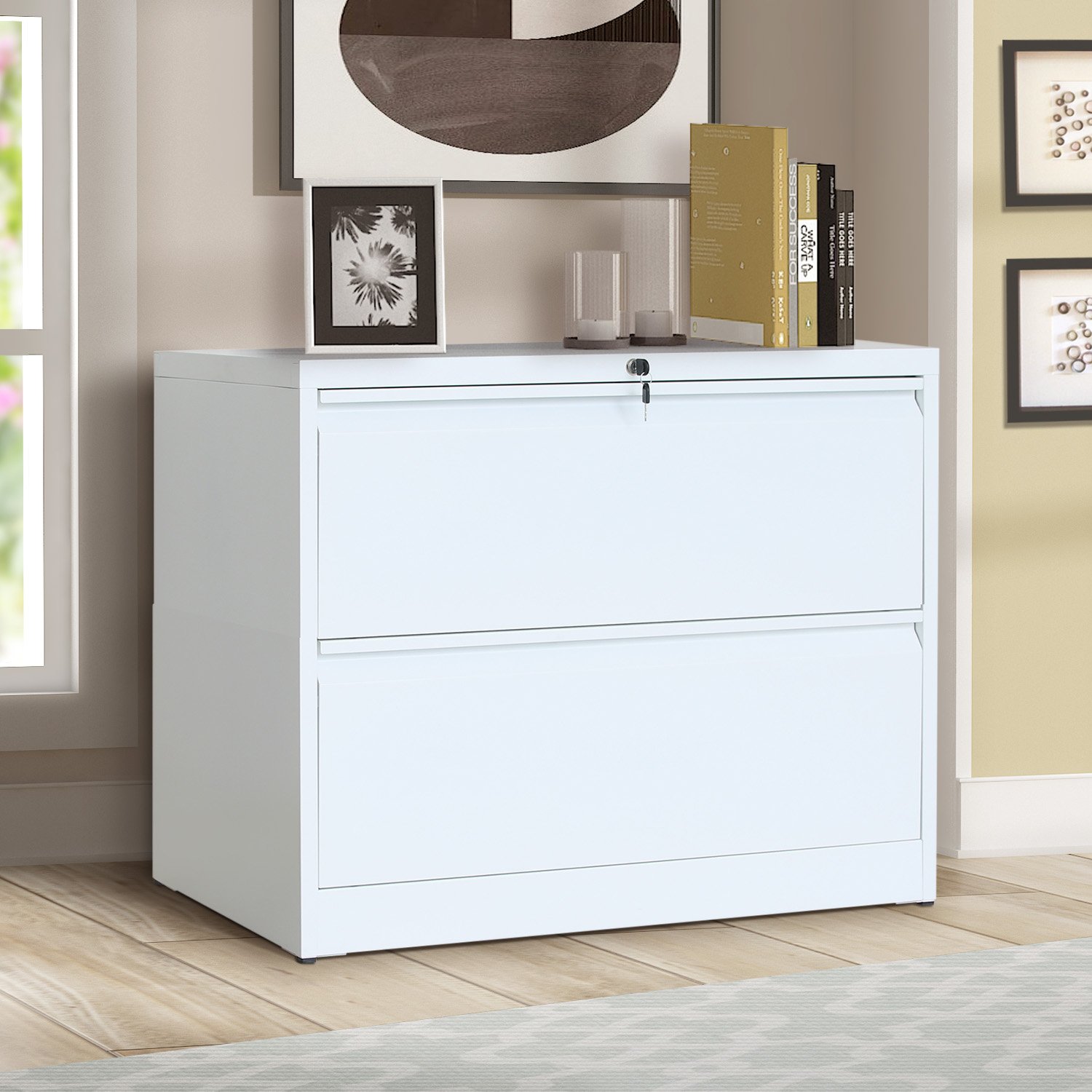 Heavy Duty 2-Drawer Lockable Metal Lateral File Cabinet for Home Office - Secure Document Storage, White | Perfect for Organizing Files, Bills & Office Supplies