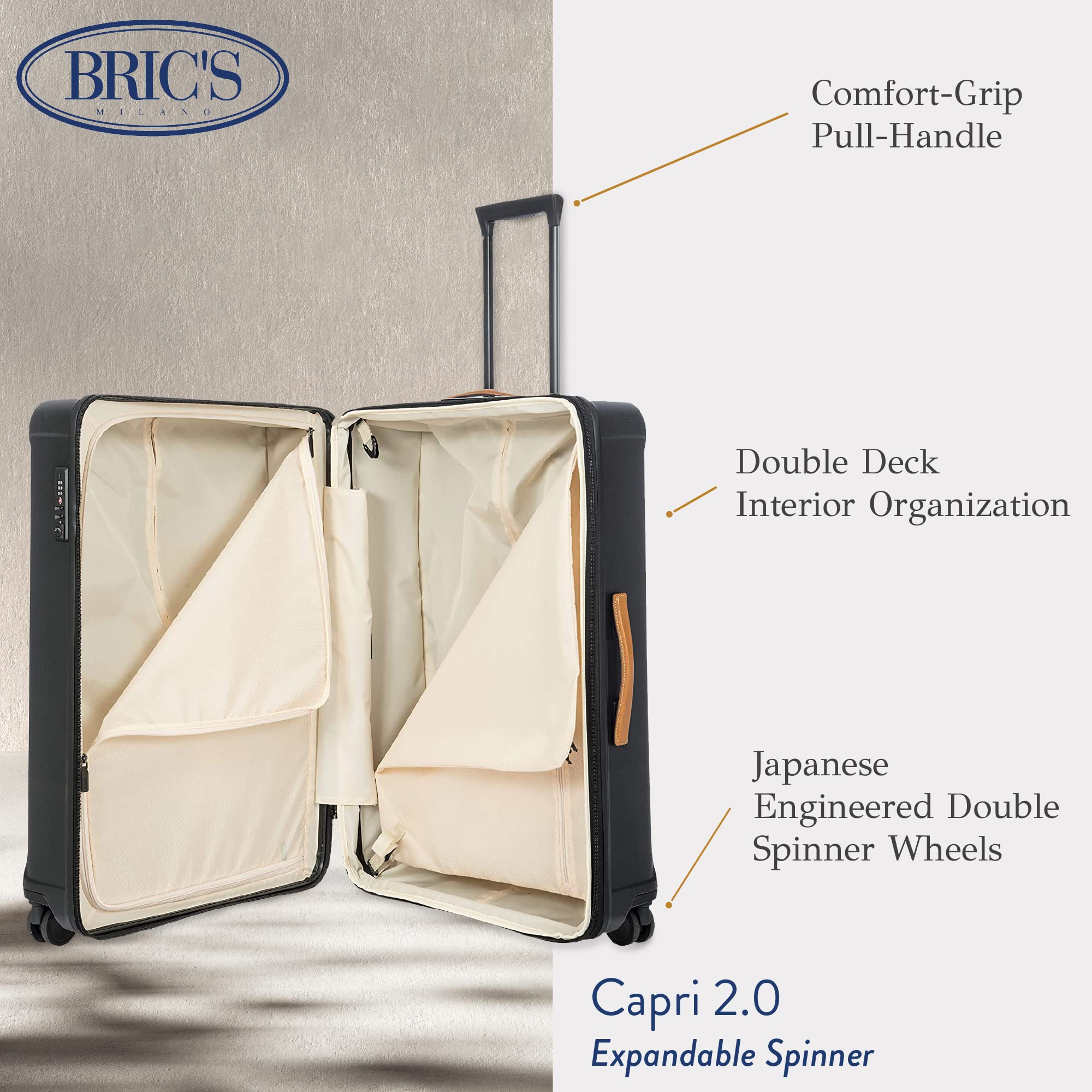 Bric's Capri 2.0 30-Inch Expandable Spinner Luggage - Lightweight Polycarbonate Carry-On Suitcase with 360° Wheels - Durable Matte Black Travel Bag for Business Trips & Vacations