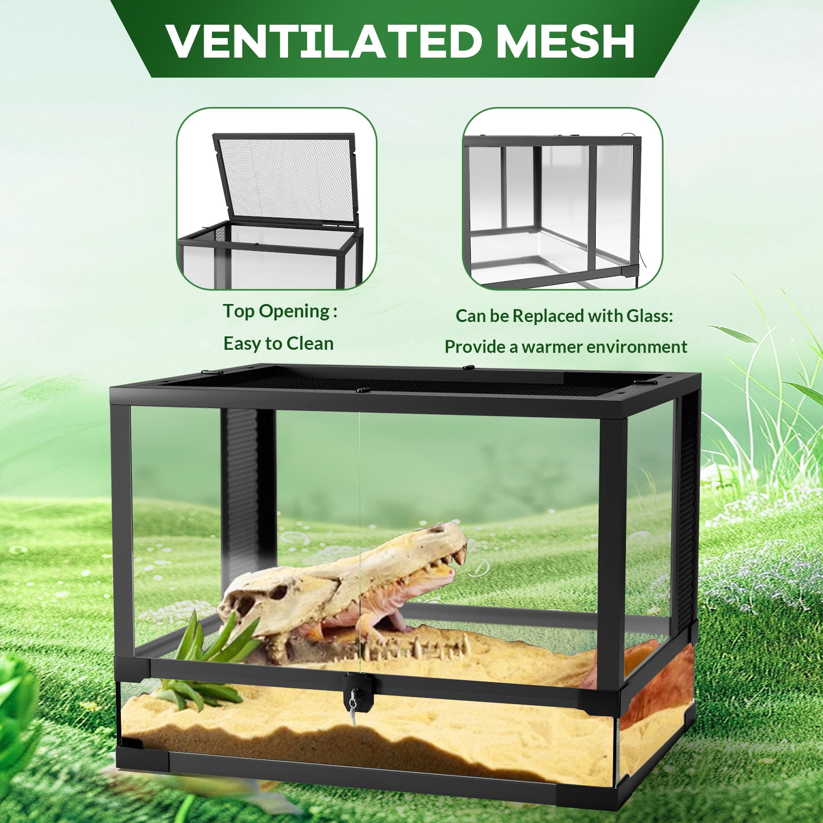 GARVEE 34 Gallon Reptile Glass Terrarium with Double Hinge Door & Anti-Escape Design - Top & Side Screen Ventilation for Lizards, Snakes & Geckos - Perfect for Reptile Habitat & Home Decor