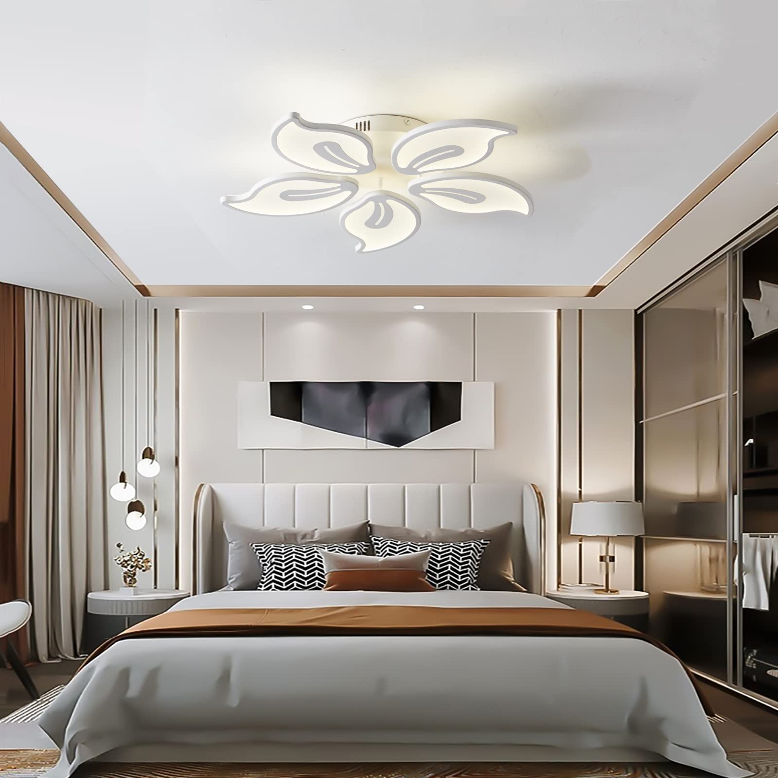 SMG 27-inch Modern LED Ceiling Light Fixture with Remote Control - Dimmable Chandelier for Bedroom, Dining Room & Living Room - 50W White Contemporary Flush Mount Lighting for Home Decor