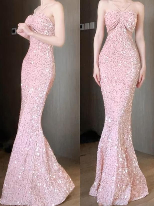 Elegant Pink Sequin Halter Neck Prom Dress - Long Sheath Evening Gown for Formal Parties & Special Occasions | Perfect for Homecoming, Prom Night & Black Tie Events | Style J3678