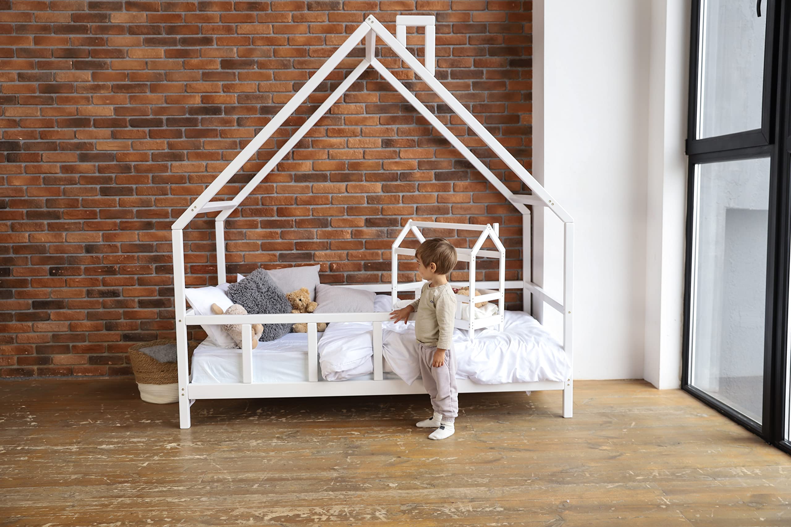 Montessori Toddler Bed with House Roof & Safety Rails - White Twin/Full Size Kids Bed Frame with Legs - Perfect for Nursery, Daycare & Montessori Classrooms (Model 15)