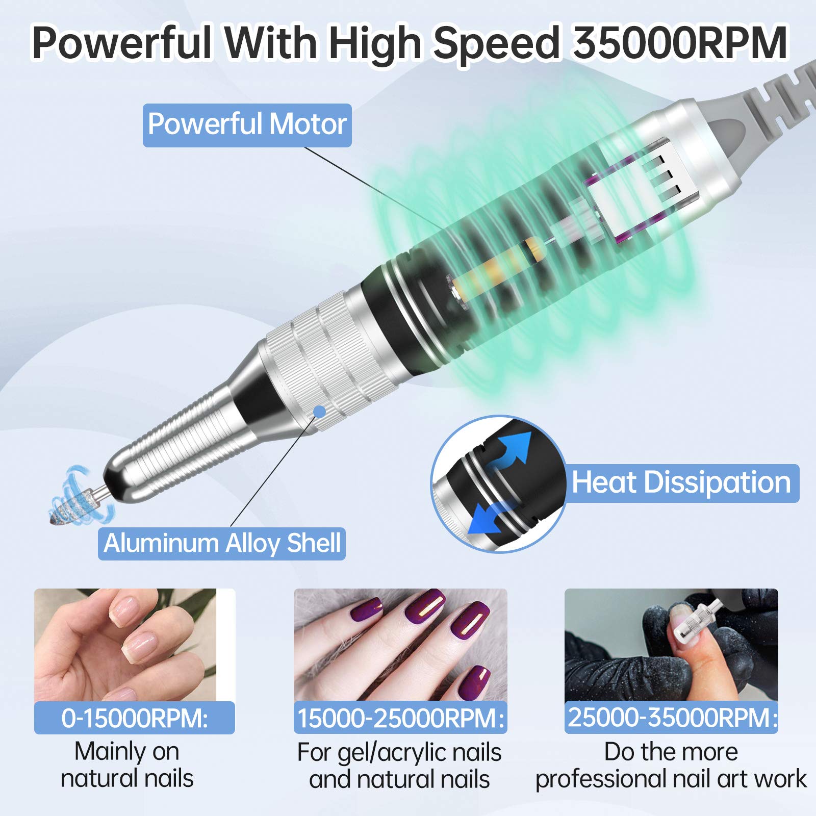 Delanie Professional Portable Electric Nail Drill Machine - 35000 RPM Rechargeable Cordless Nail Filer for Acrylic, Gel & Dip Powder Nails | Salon & Home Manicure Tool | Perfect for DIY Nail Art & Professional Use (White)