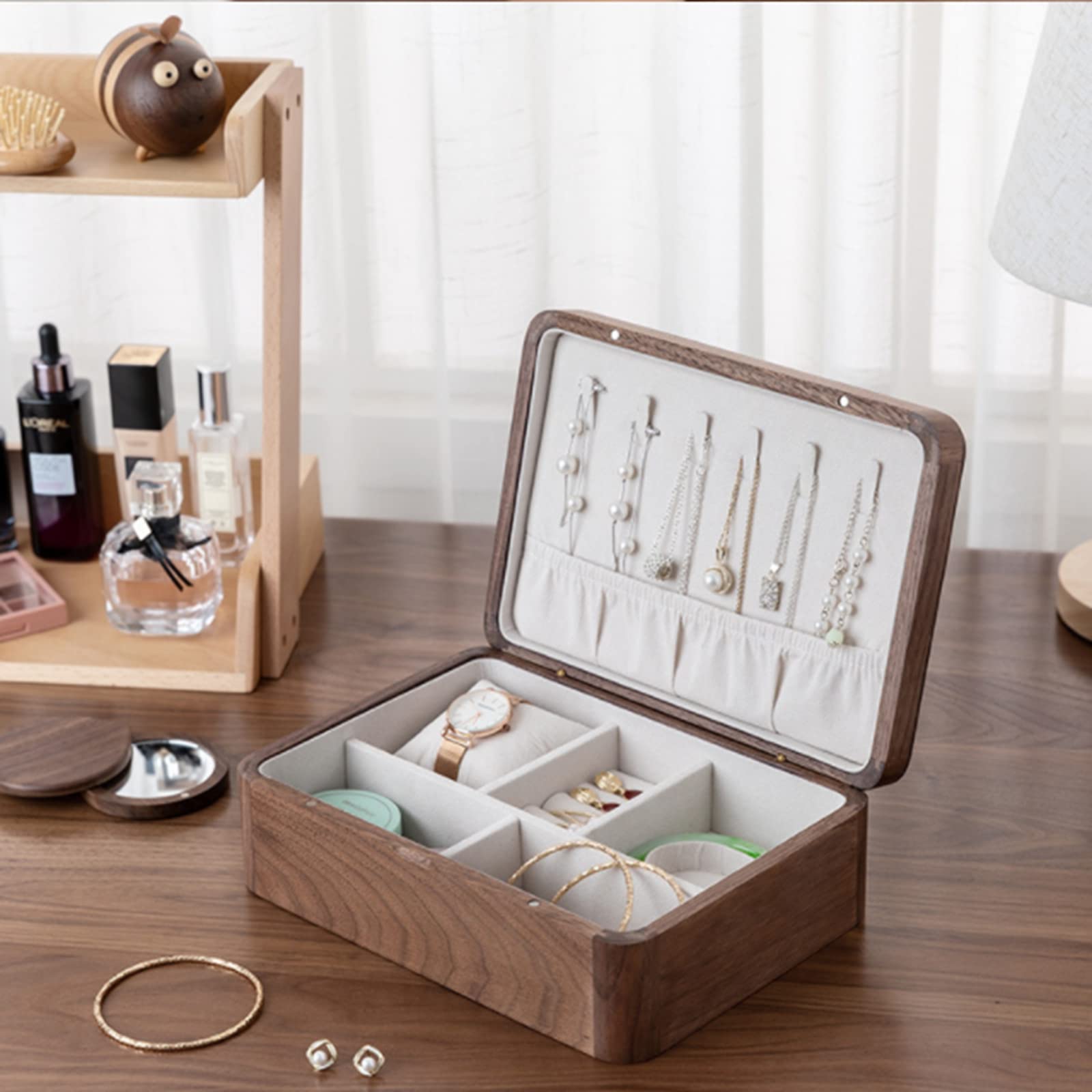 Premium Solid Black Walnut Wood Jewelry Box with Flannel Lining - Large Capacity Multi-Compartment Organizer for Watches, Rings, Earrings & Necklaces - Perfect for Home Storage, Travel & Gift Giving