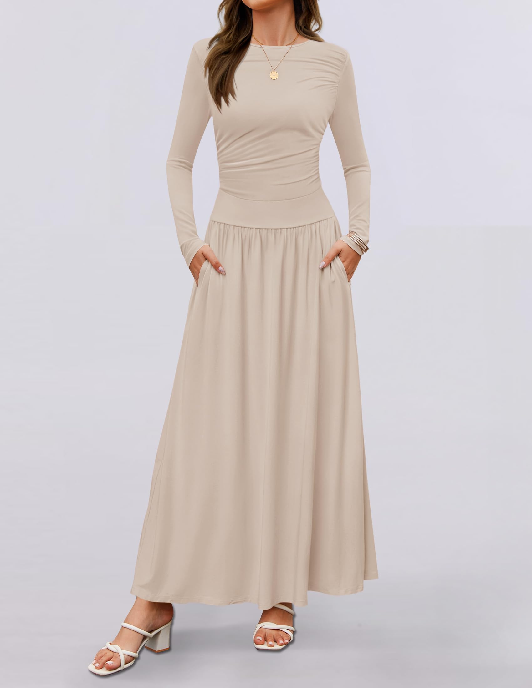 ZESICA Women's Long Sleeve Maxi Dress 2025 - Crewneck Knit Casual Slim Swing Pleated Dress with Pockets | Spring Summer Flowy Dress for Beach, Wedding & Everyday Wear