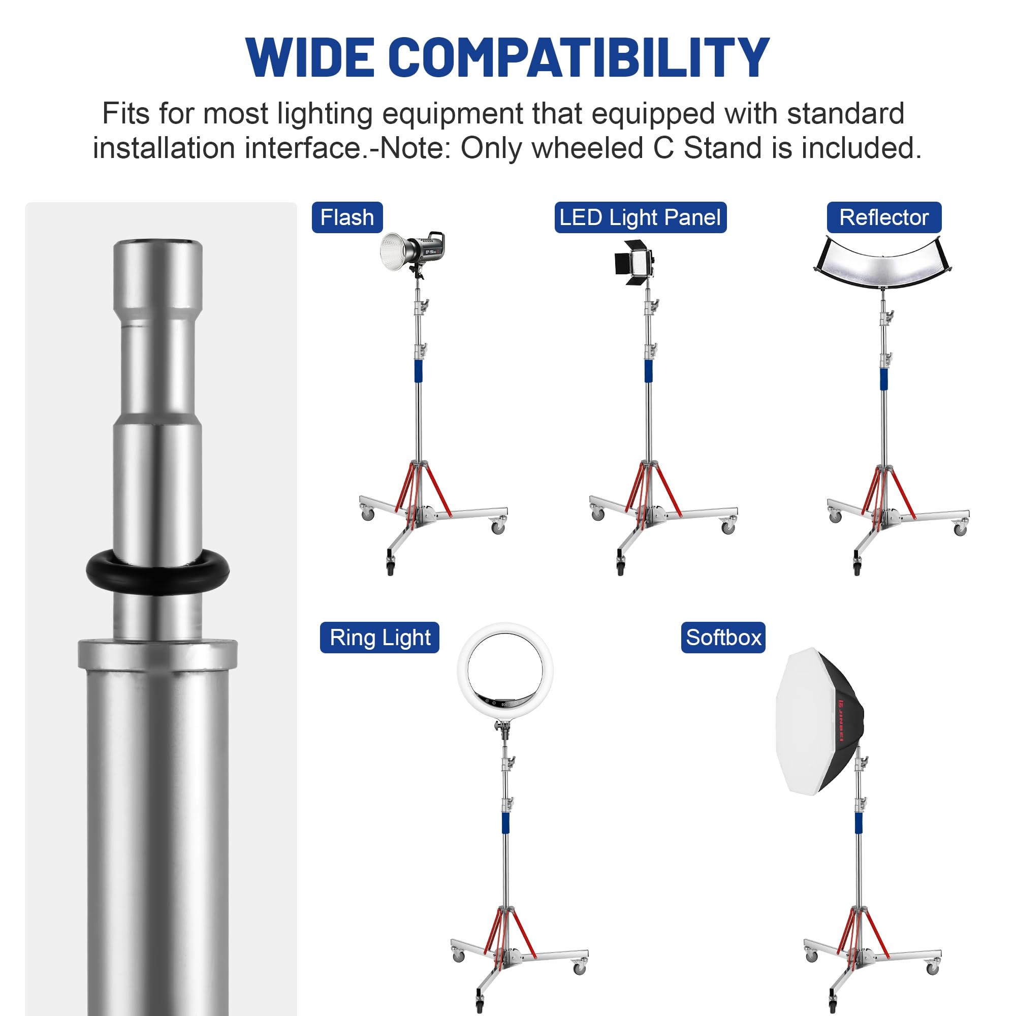 Heavy Duty Adjustable C Stand with Wheels - 10ft/305cm Stainless Steel Photography Light Stand for Studio Monolight, Softbox & Reflector - Perfect for Photo Studios, Film Sets & Video Production