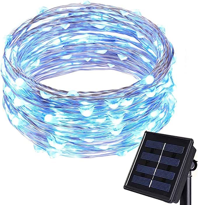 8 Modes 33ft 100 LED Solar Copper Wire Fairy Lights - Waterproof Outdoor String Lights for Garden, Patio, Christmas, Party, Wedding & Home Decoration (Blue) | Romantic Ambiance Lighting for Backyard, Balcony & Indoor Decor