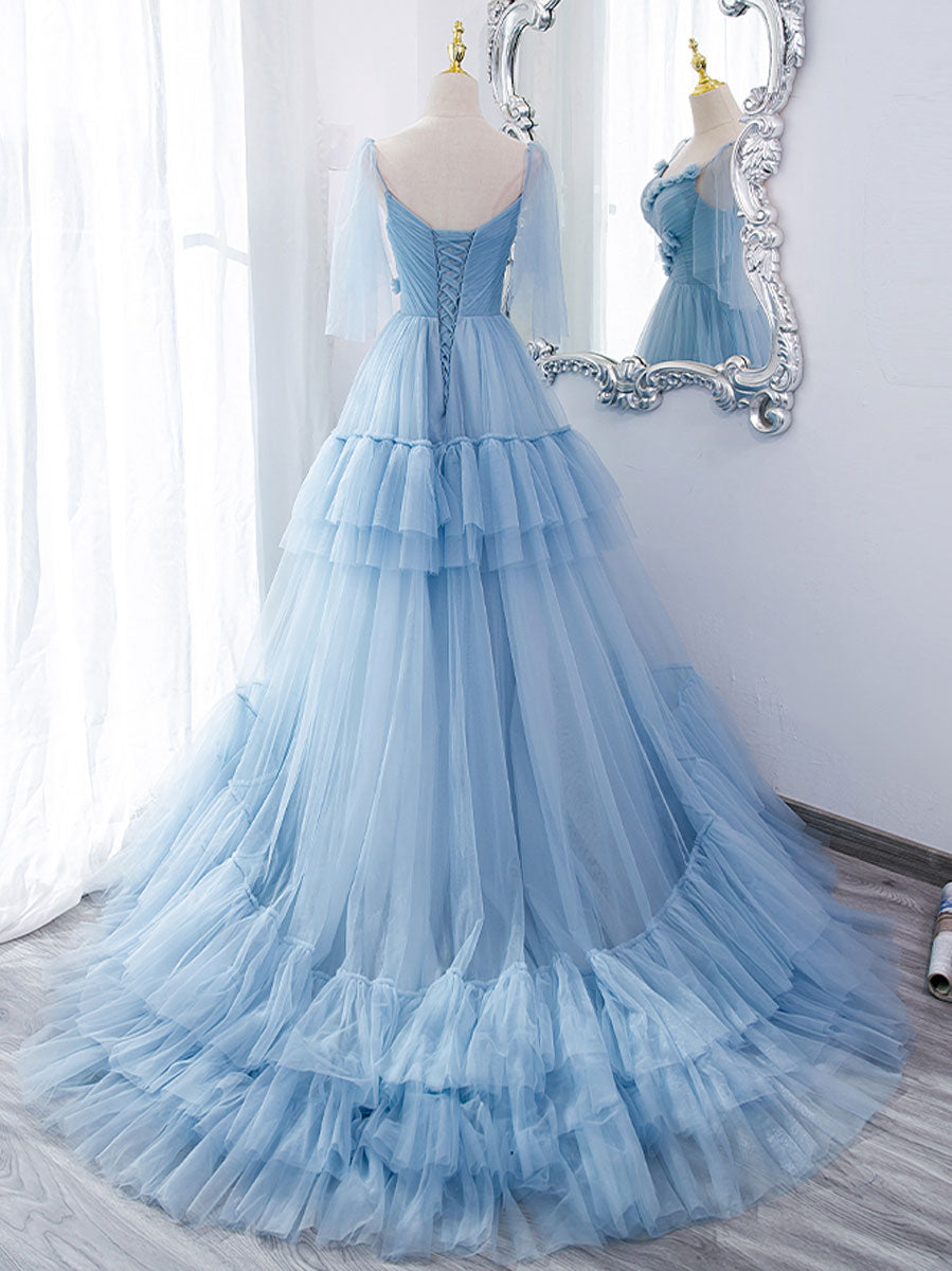 Elegant Blue V-Neck Tulle Long Prom Dress for Women - Formal Evening Gown for Homecoming, Ball, and Special Occasions