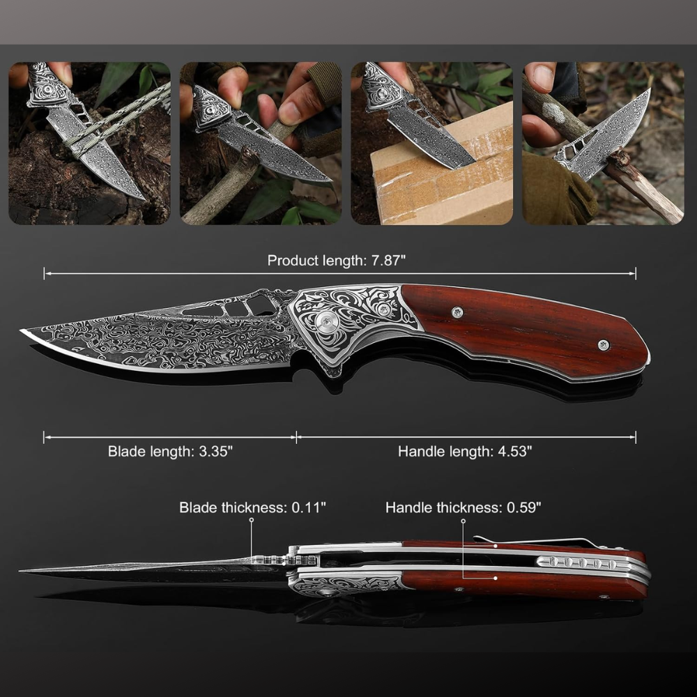 Premium Japanese VG10 Damascus Steel Pocket Knife with Clip - Exotic Red Sandalwood Handle for EDC, Camping & Outdoor Adventures