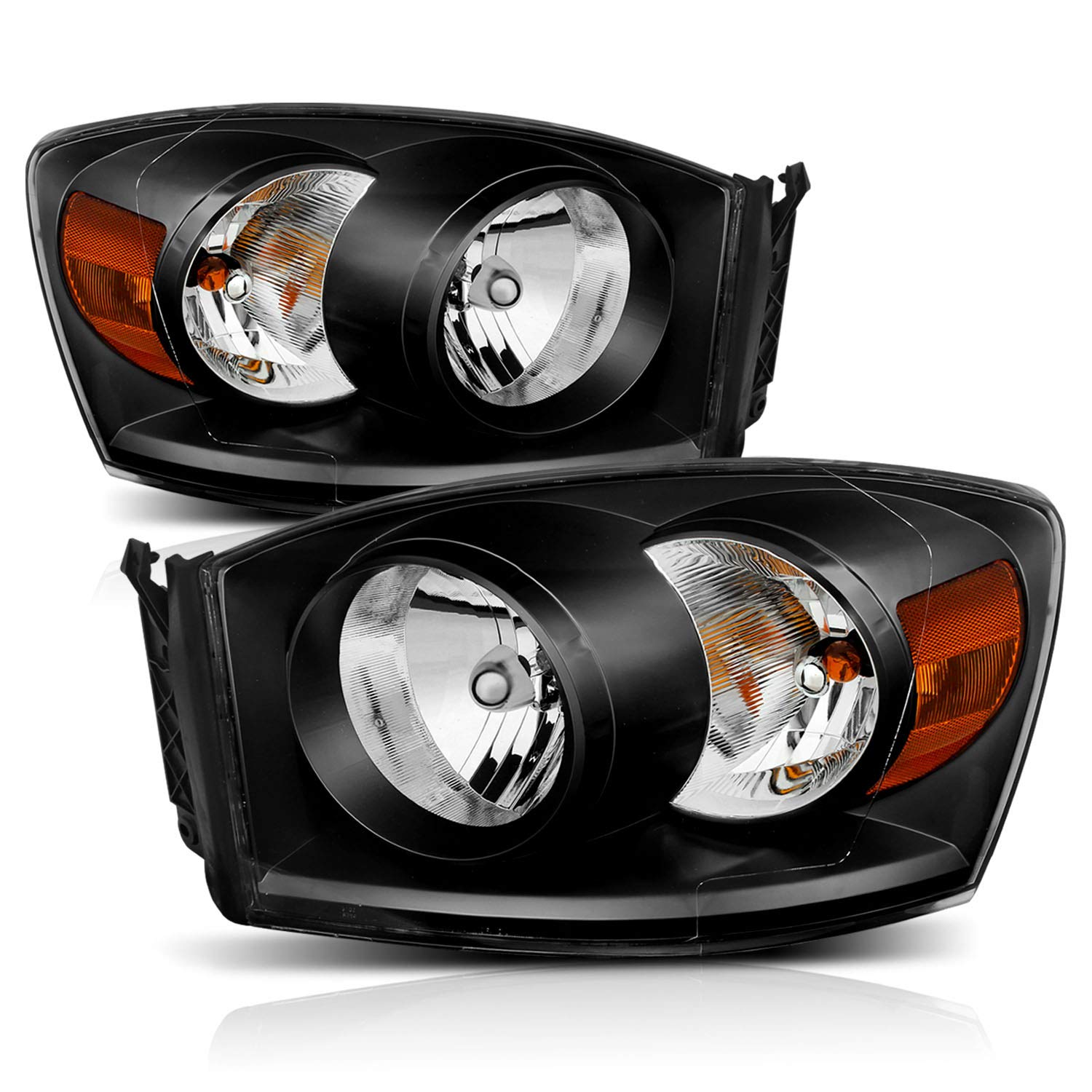 AmeriLite Black Replacement Headlights Pair for 2006-2008 Dodge Ram 1500 & 2006-2009 Ram 2500/3500 (Bulbs Included) - Perfect for Night Driving & Off-Road Adventures