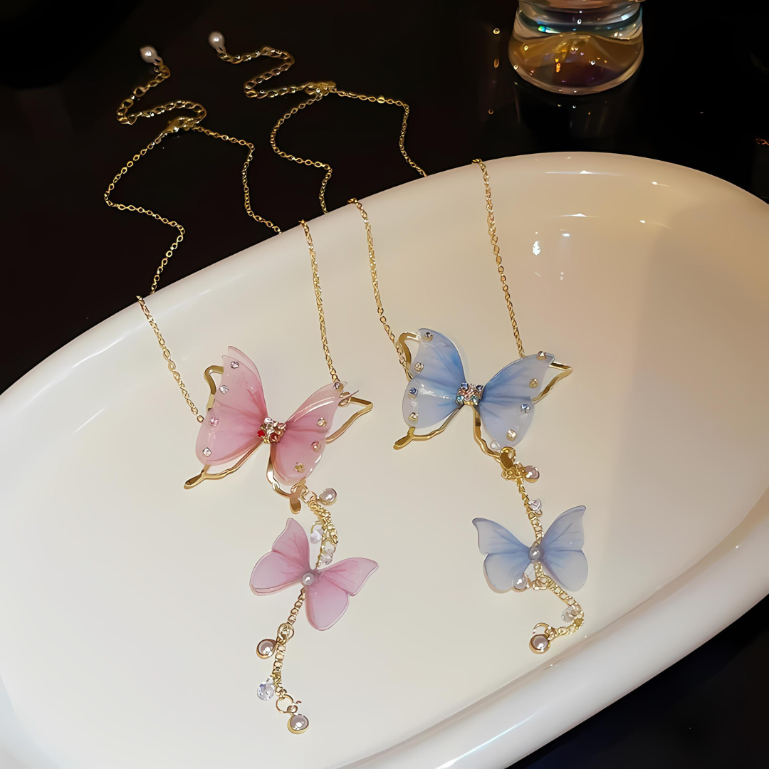 Elegant Pink Butterfly Tassel Lariat Y Necklace with Pearl Accents | Dainty Boho Jewelry for Women | Perfect for Parties, Weddings & Date Nights | HN3246