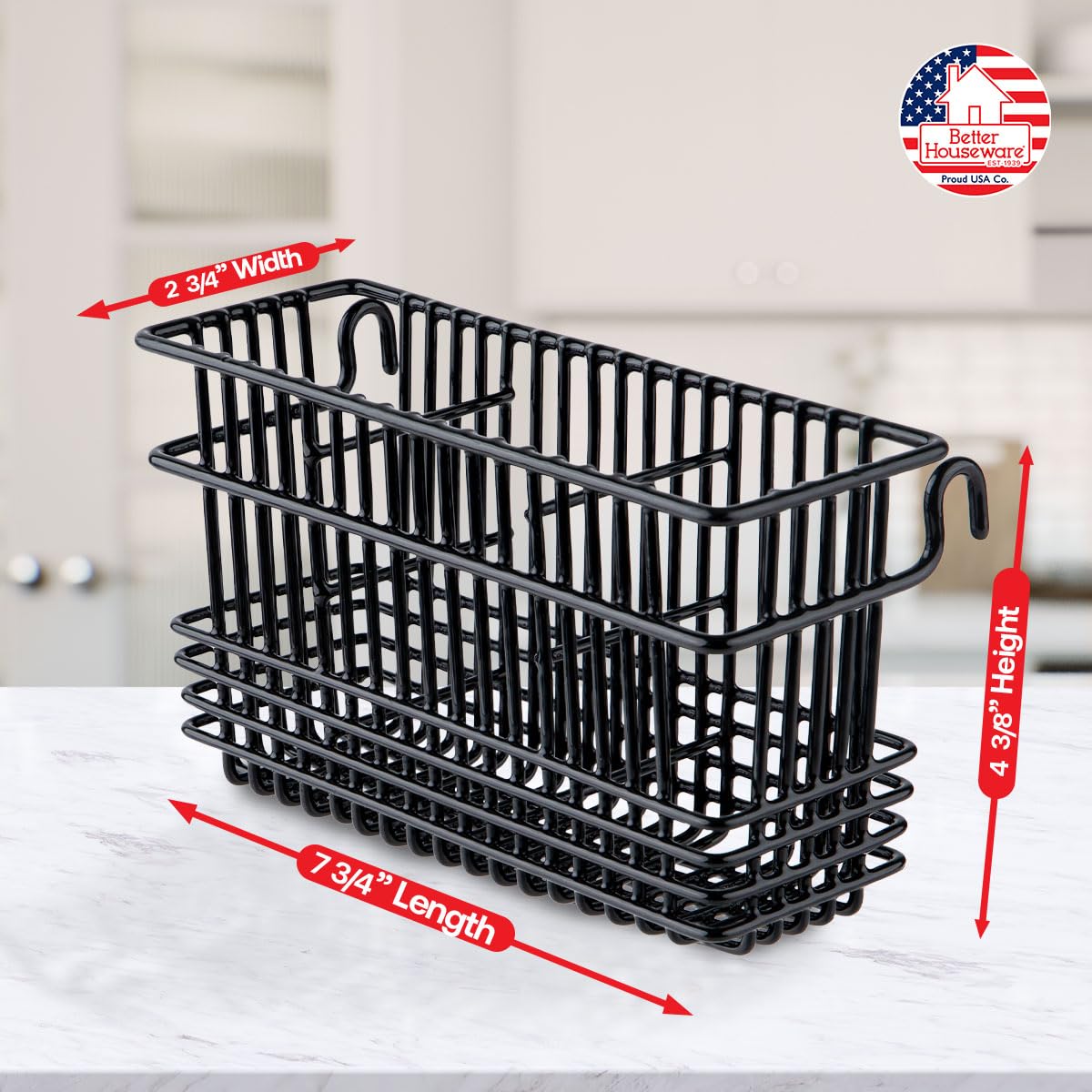 Better Houseware Cutlery Drying Basket with Hooks - Black Coated Steel Wire - 3 Compartments - Fits Most Dish Racks - Utensil Drying Rack for Sink - Perfect for Kitchen Organization and Drying Knives, Forks, Spoons After Washing