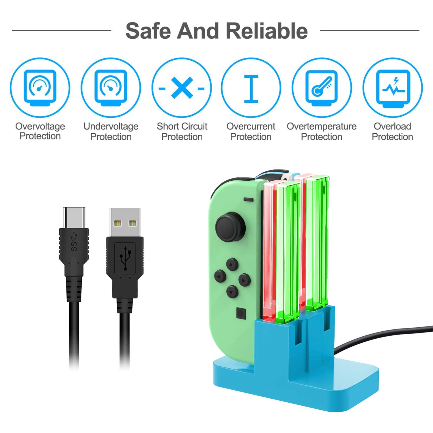 Nintendo Switch & Switch OLED Joy-Con Charging Dock Replacement with USB Type-C Cable - Blue | Fast Charging Station for Nintendo Switch Controllers | Perfect for Gaming Sessions & Multiplayer Setups