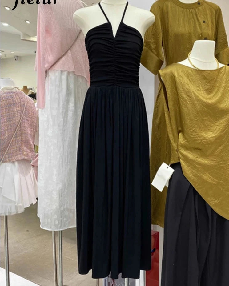 Black Pleated V-Neck Slim Halter Women's Dress - Sleeveless Backless Solid Color Sexy Party Club Dress for Summer Nights & Beach Vacations