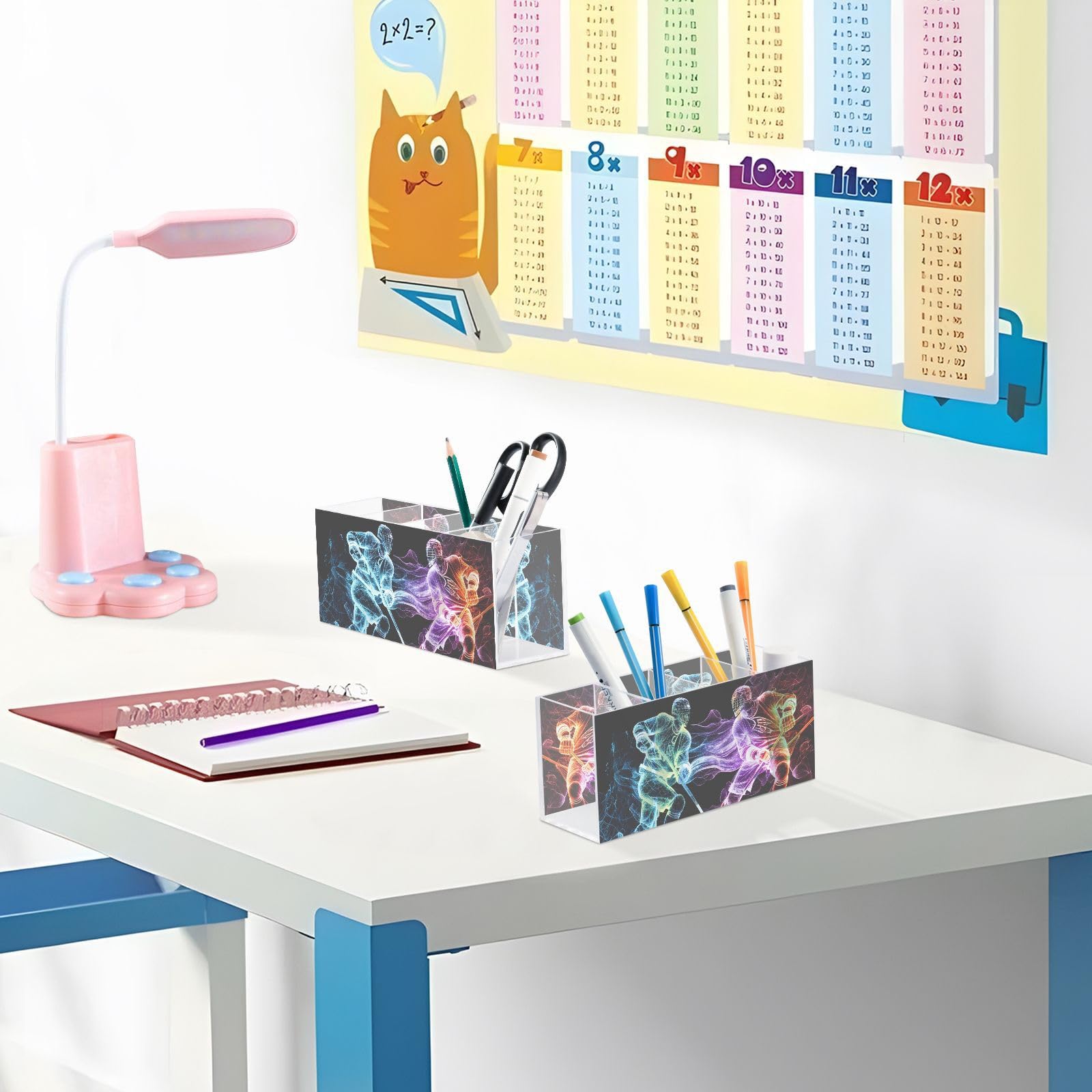Abstract Hockey Players Acrylic Pen Holder - 4 Compartment Desk Organizer for Pencils, Brushes & Utensils - Personalized Pattern Office & Home Decor - Perfect for Sports Fans, Students & Professionals