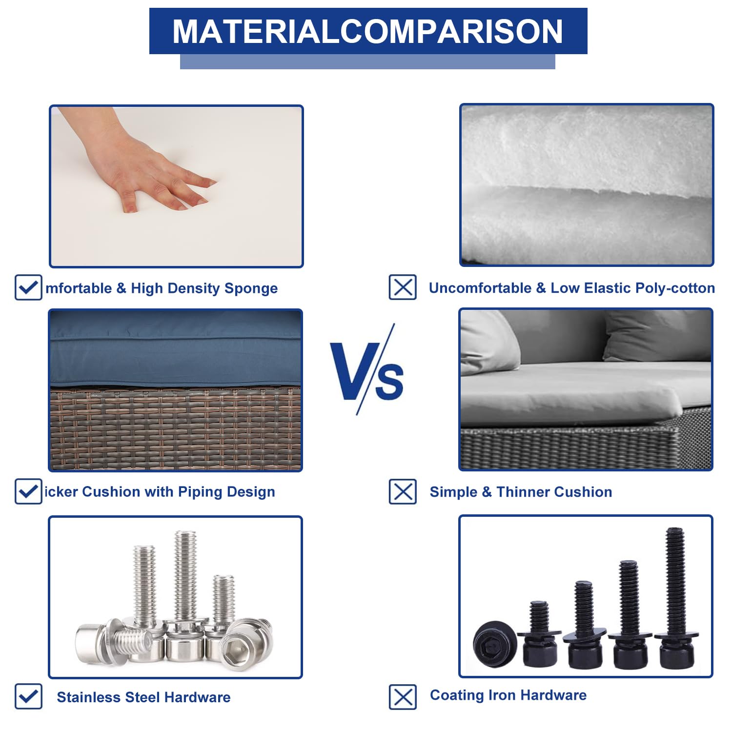 3-Piece Patio Furniture Set, PE Rattan Wicker Outdoor Sofa with Washable Cushions & Tempered Glass Table - Perfect for Balcony, Garden, Poolside & Backyard (Brown & Navy Blue) | Weather-Resistant Outdoor Lounge Set for Relaxing & Entertaining