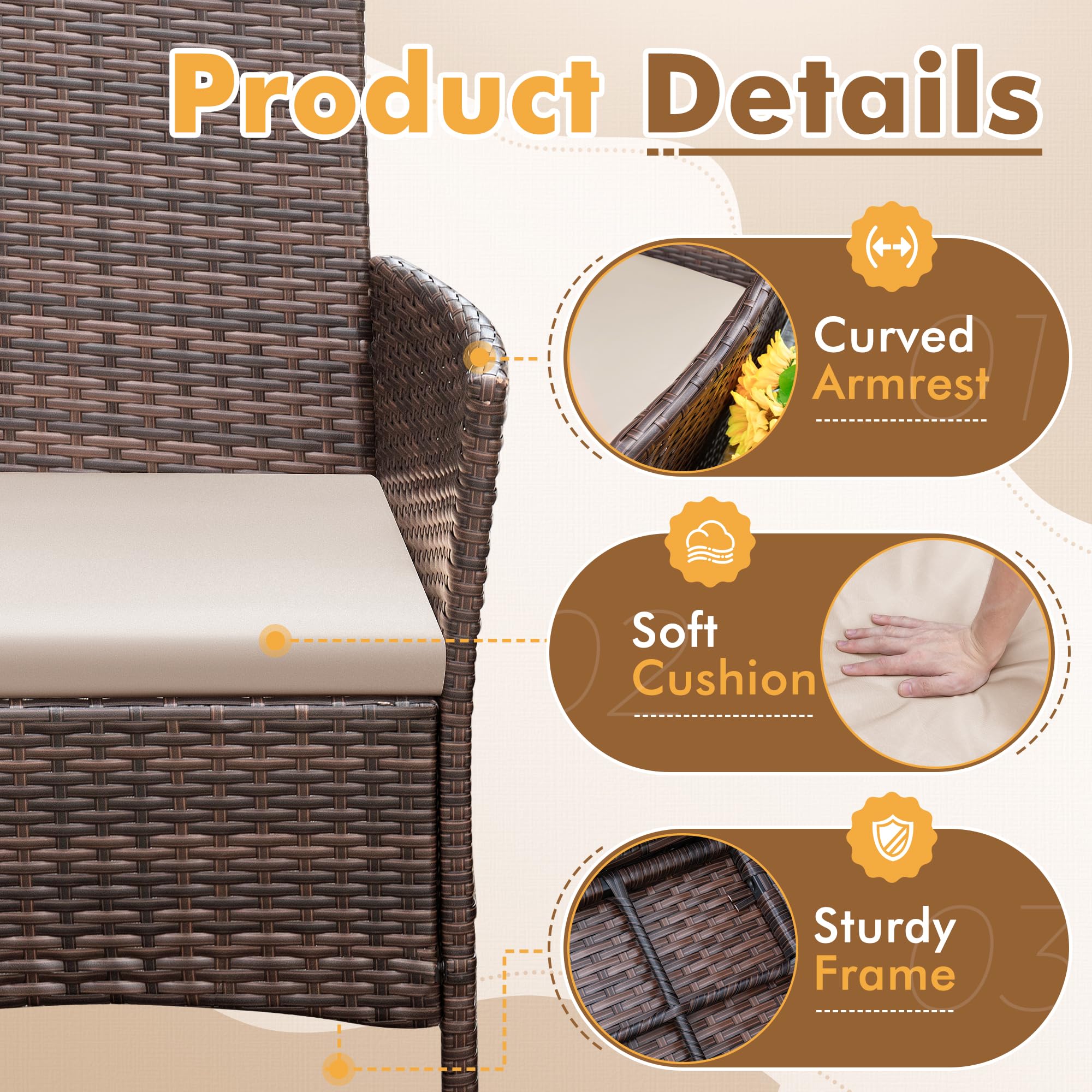 Flamaker 3-Piece All-Weather Rattan Patio Furniture Set with Tempered Glass Table - Outdoor Bistro Chairs for Porch, Balcony, Garden (Brown/Cream) - Perfect for Relaxing, Entertaining & Outdoor Dining